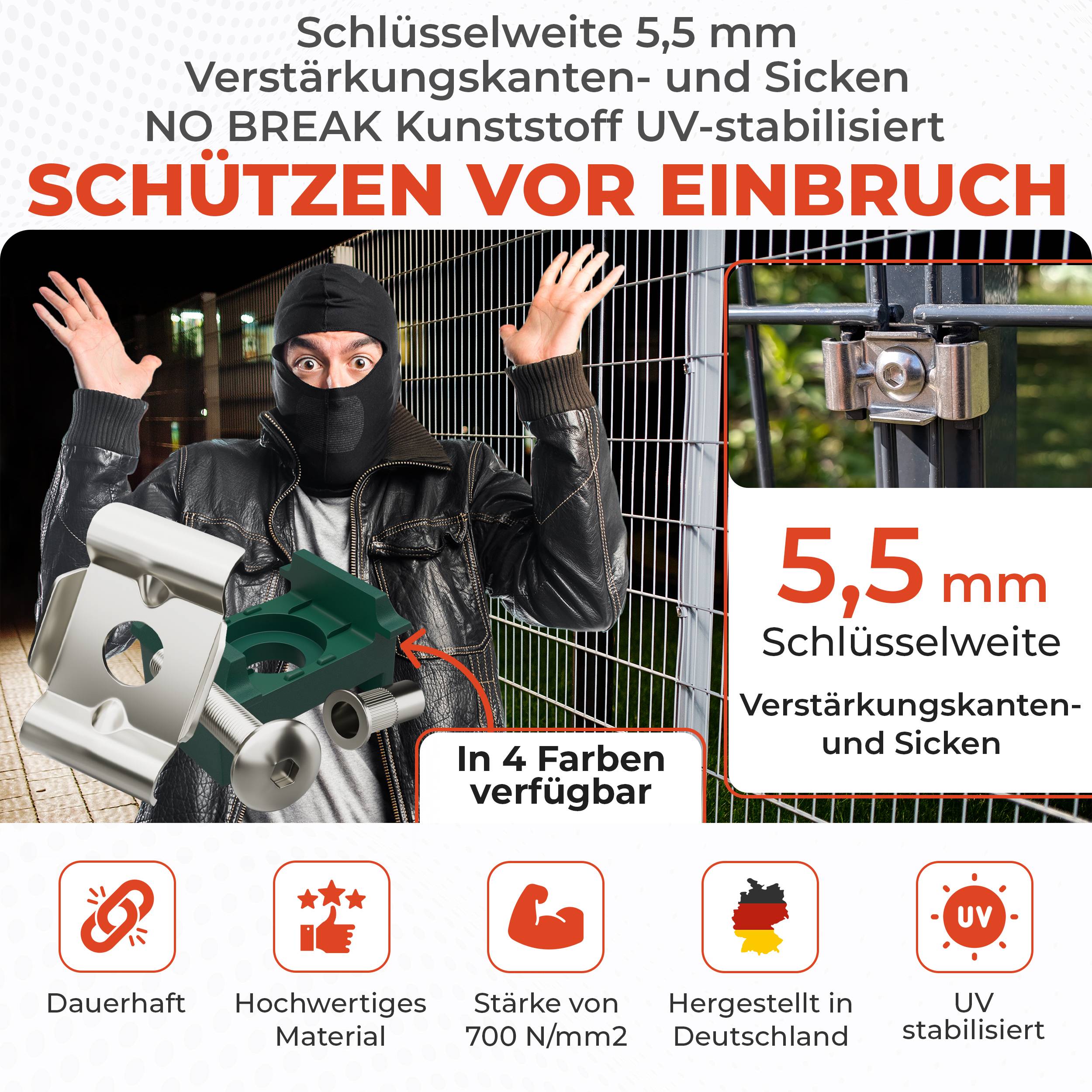 Werbebild eines Einbrechers neben einem Zaun-Schloss mit der Bewerbung von „NO BREAK