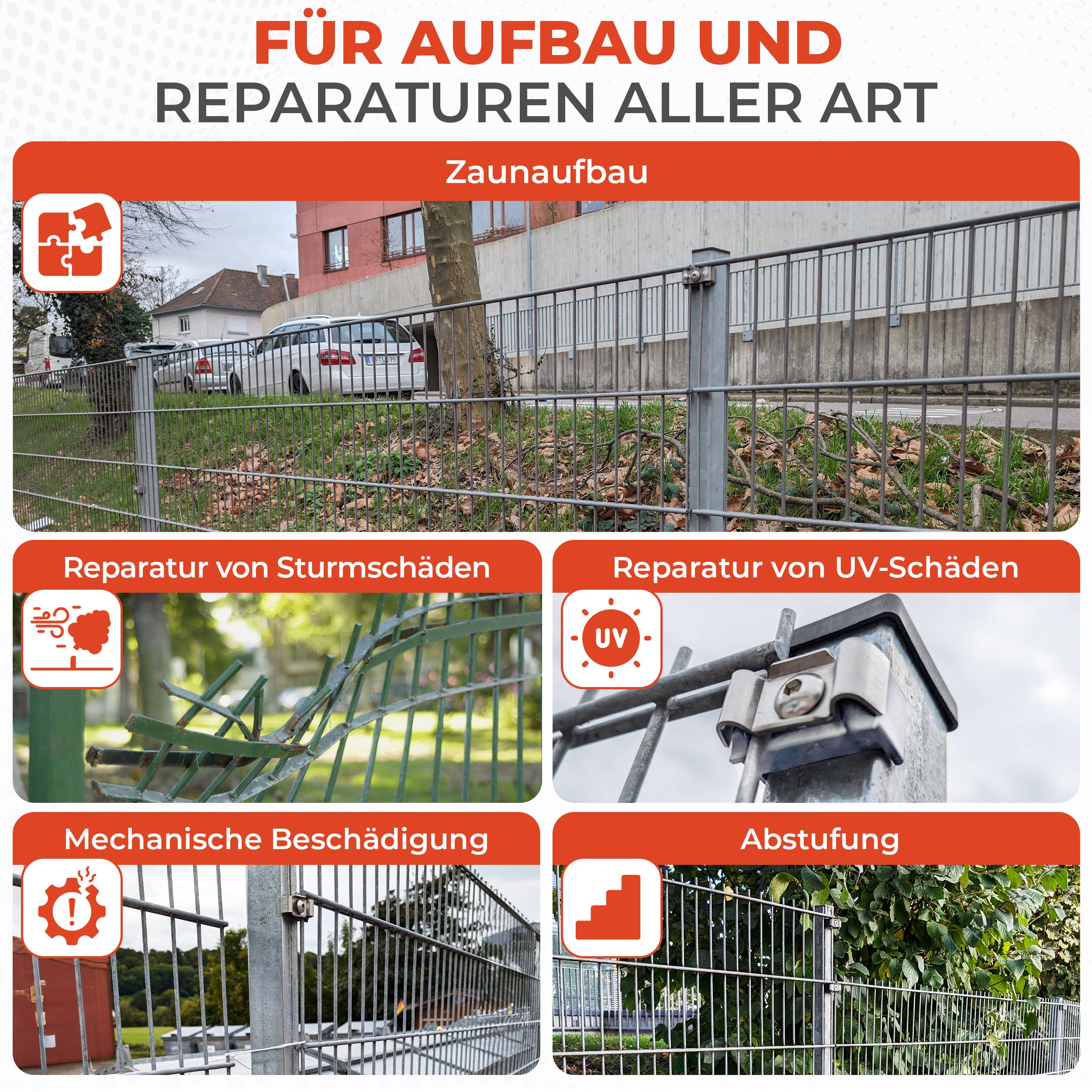 Deutscher Poster für Zaunkonstruktion und Reparaturen aller Art, mit Beispielen für Sturm-, UV-, Mechanikschäden und Abschrankungszäune.