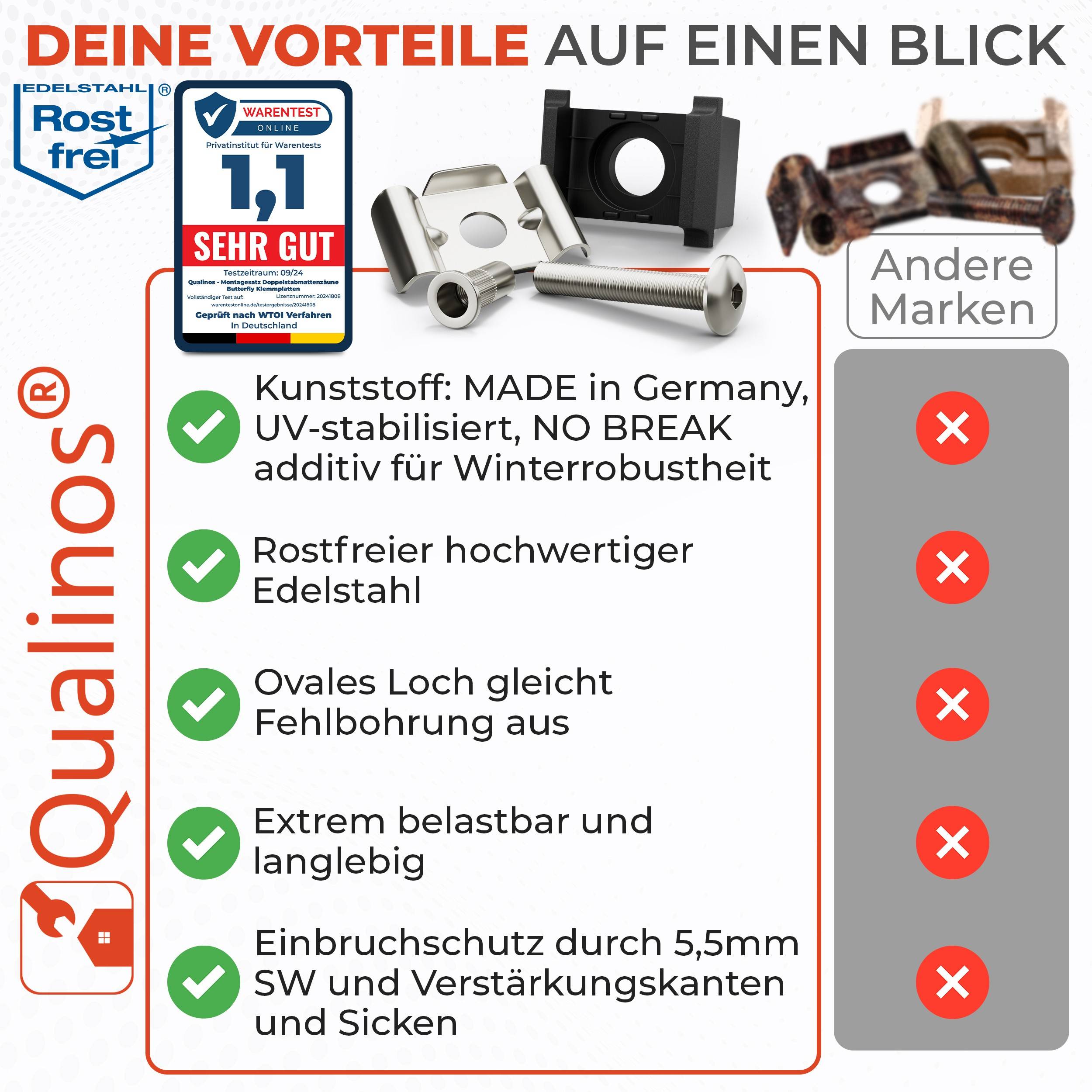 Qualinos 10 Sets Klemmbock + Butterfly, Standard, Schwarz – Doppelstabmattenzaun Befestigung, mit M8-Schraube und Nietmutter, V2A-Metallteile