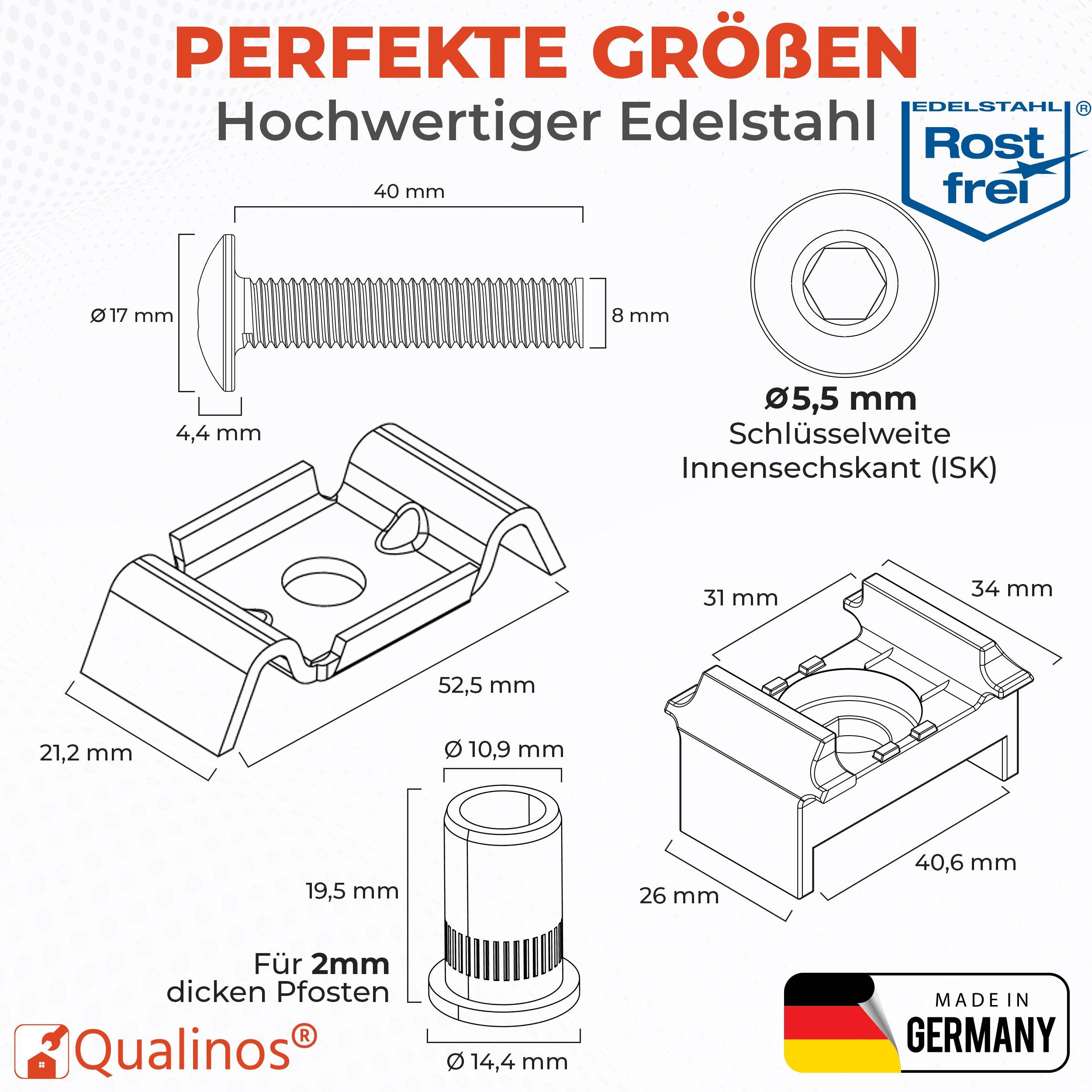 Produktdiagramm von Edelstahlclip-Befestigungsteilen mit beschrifteten Abmessungen, einschließlich einer 40-mm-Schraube, Sechskantschlüsselgröße von 5,5 mm und 
