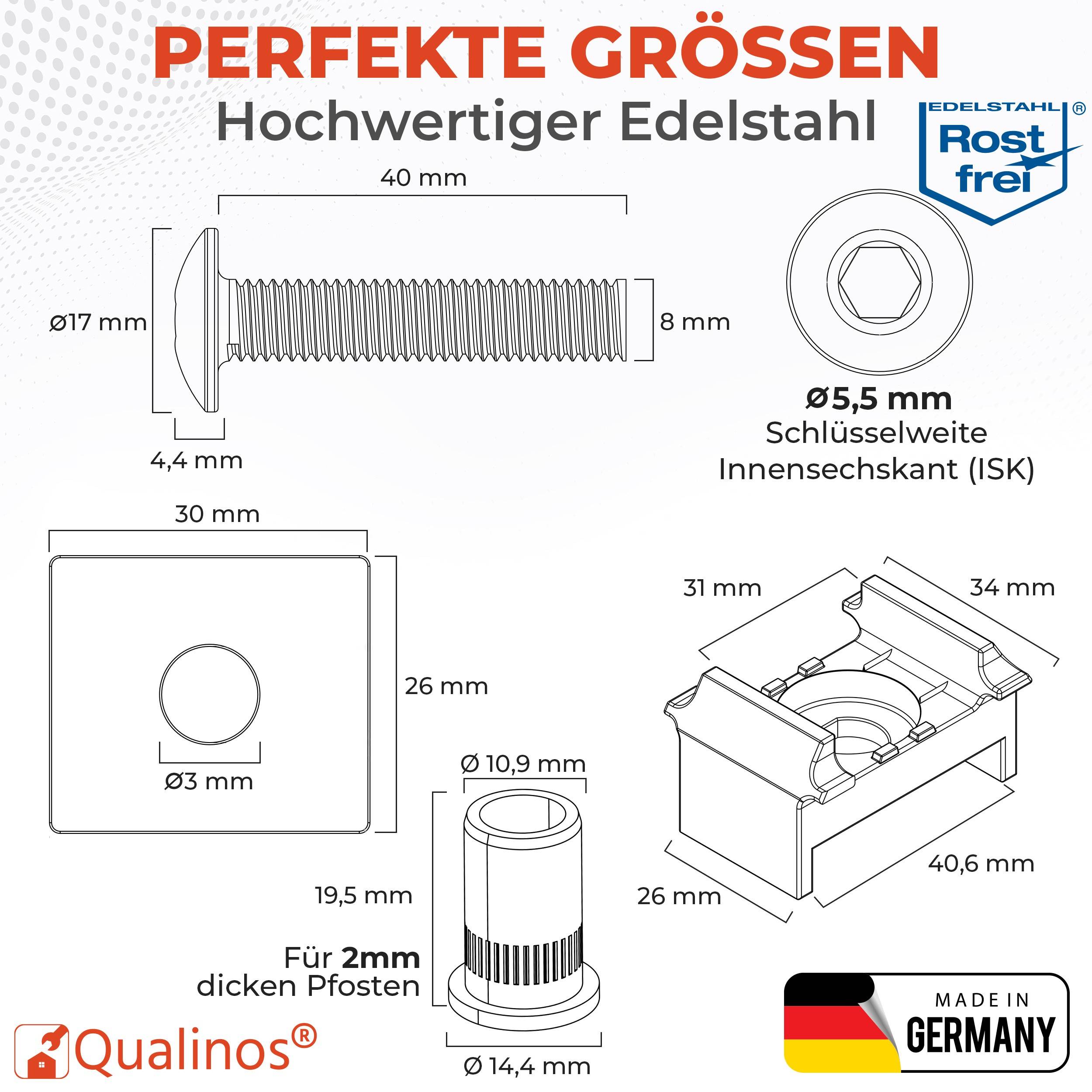 Qualinos 10 Sets Klemmbock + Klemmplatte, Standard, Schwarz – Doppelstabmattenzaun Befestigung, mit M8-Schraube und Nietmutter, V2A-Metallteile