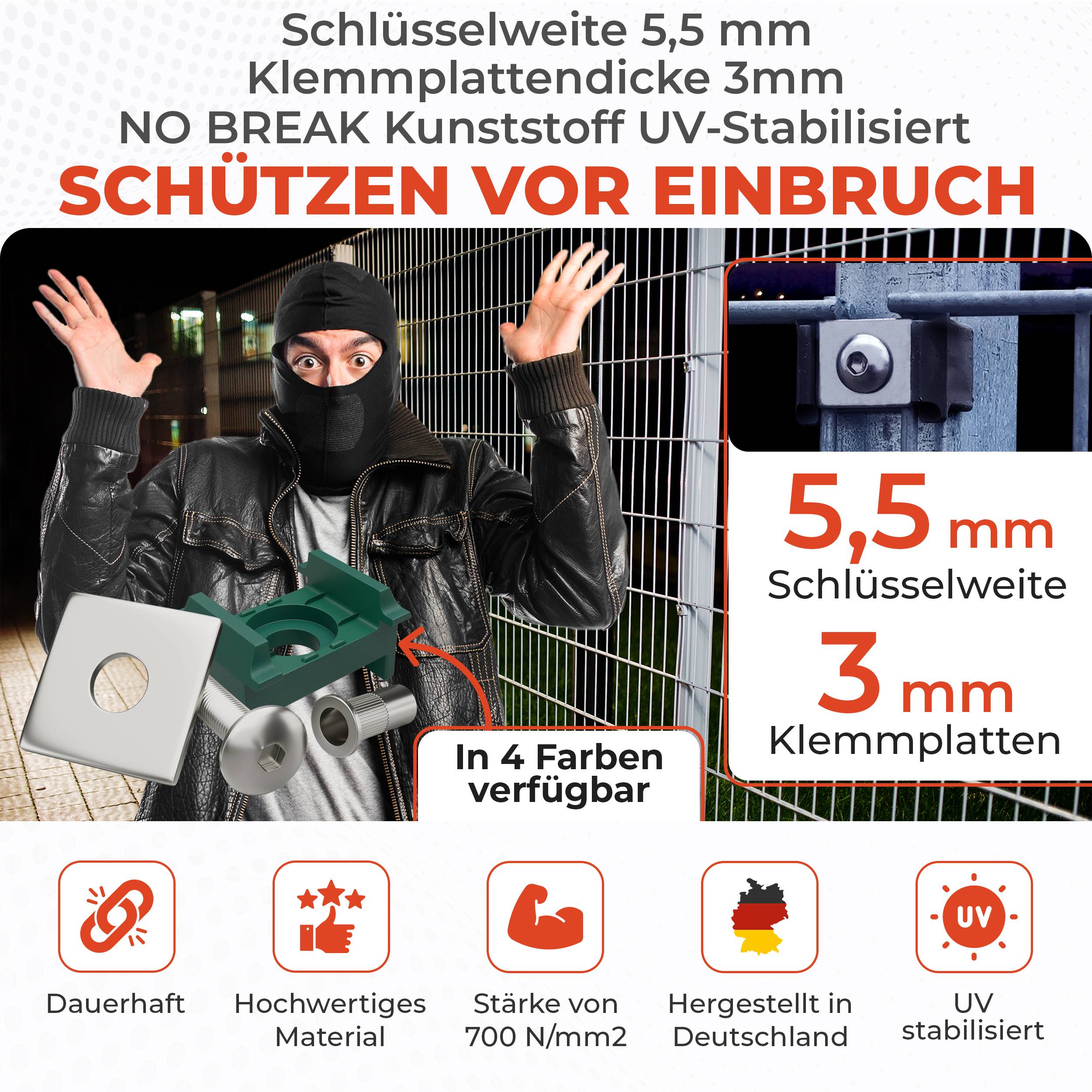 Qualinos 10 Sets Klemmbock + Klemmplatte, Standard, Schwarz – Doppelstabmattenzaun Befestigung, mit M8-Schraube und Nietmutter, V2A-Metallteile