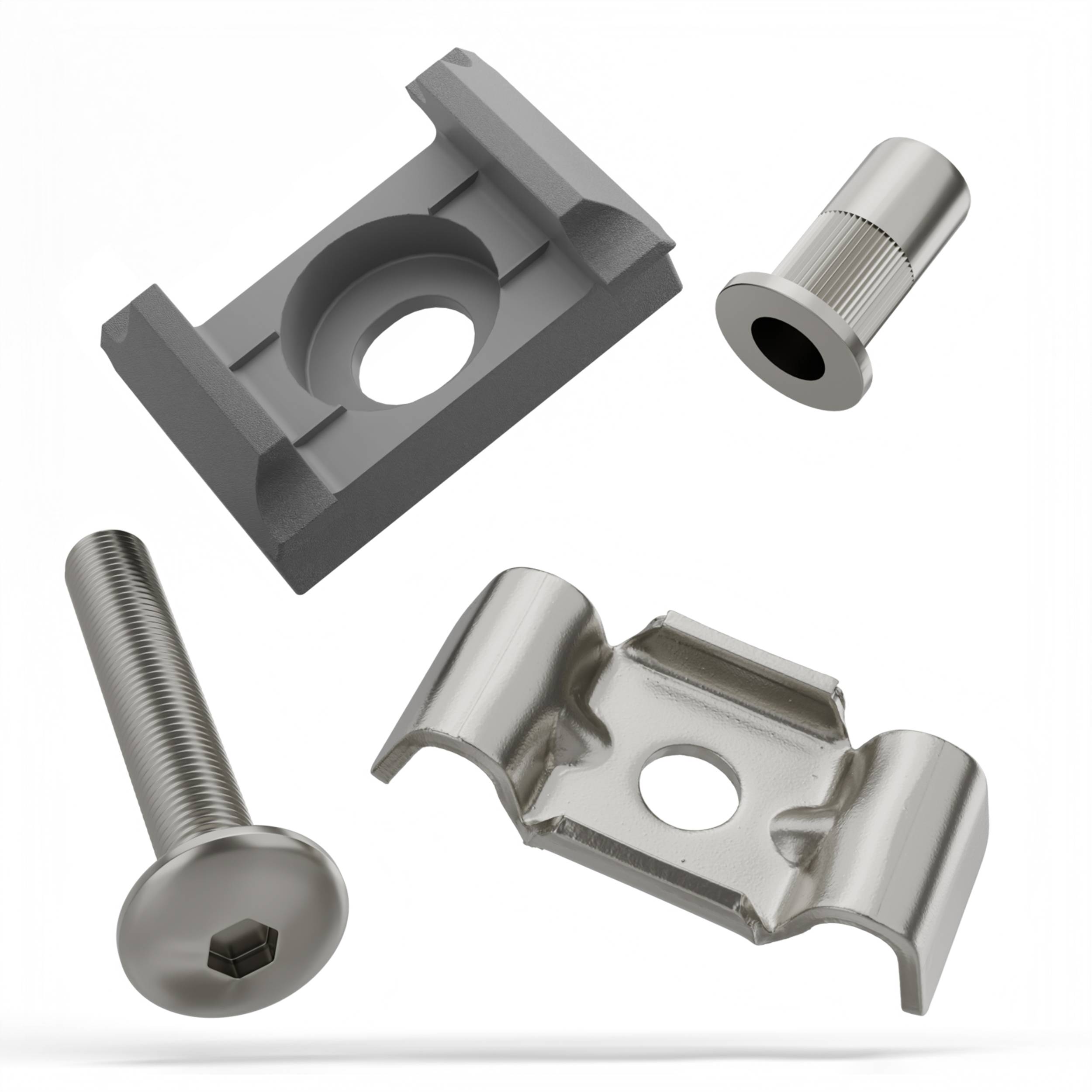 Vier Hardware-Befestigungselemente und Klammern werden gezeigt: eine schwarze Kunststoffhalterung, eine kleine Metallbuchse, eine Gewindeschraube und eine silberne Metallmontageklammer.