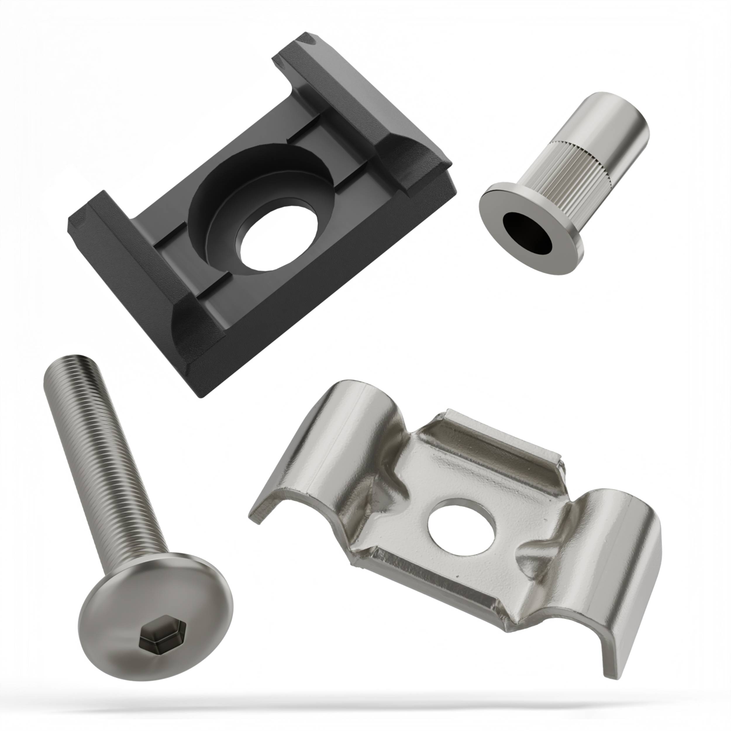 Vier Metallfastener und Clips, einschließlich einer schwarzen Montageklammer, einem silbernen Clip, einer Gewindegewindeschraube und einer zylindrischen Einsatzschraube auf weißem Untergrund.