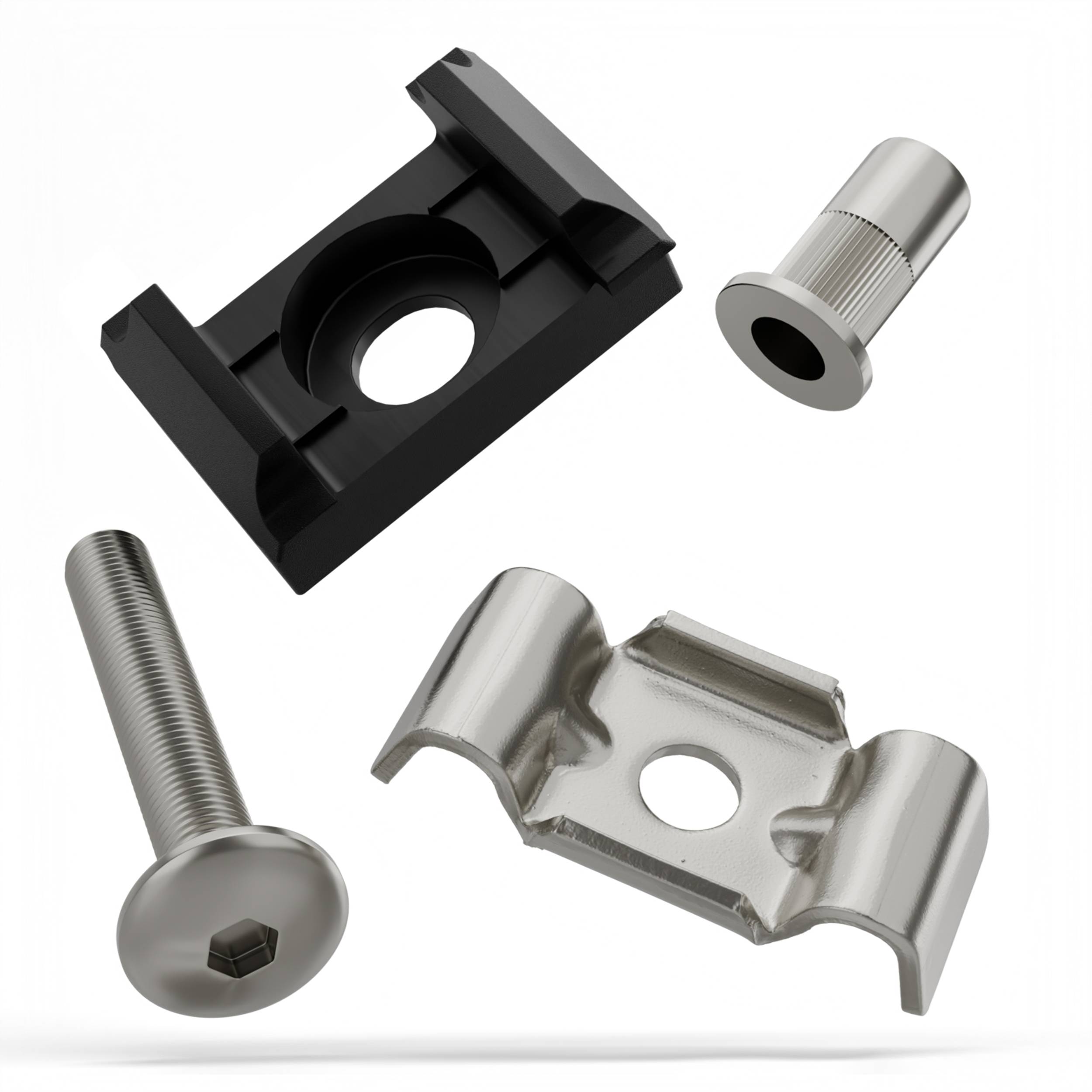 Vier Metallfastener und Befestigungsclips sind isoliert auf weißem Hintergrund dargestellt, einschließlich schwarzer und silberner Klammernteile und zwei Schrauben.