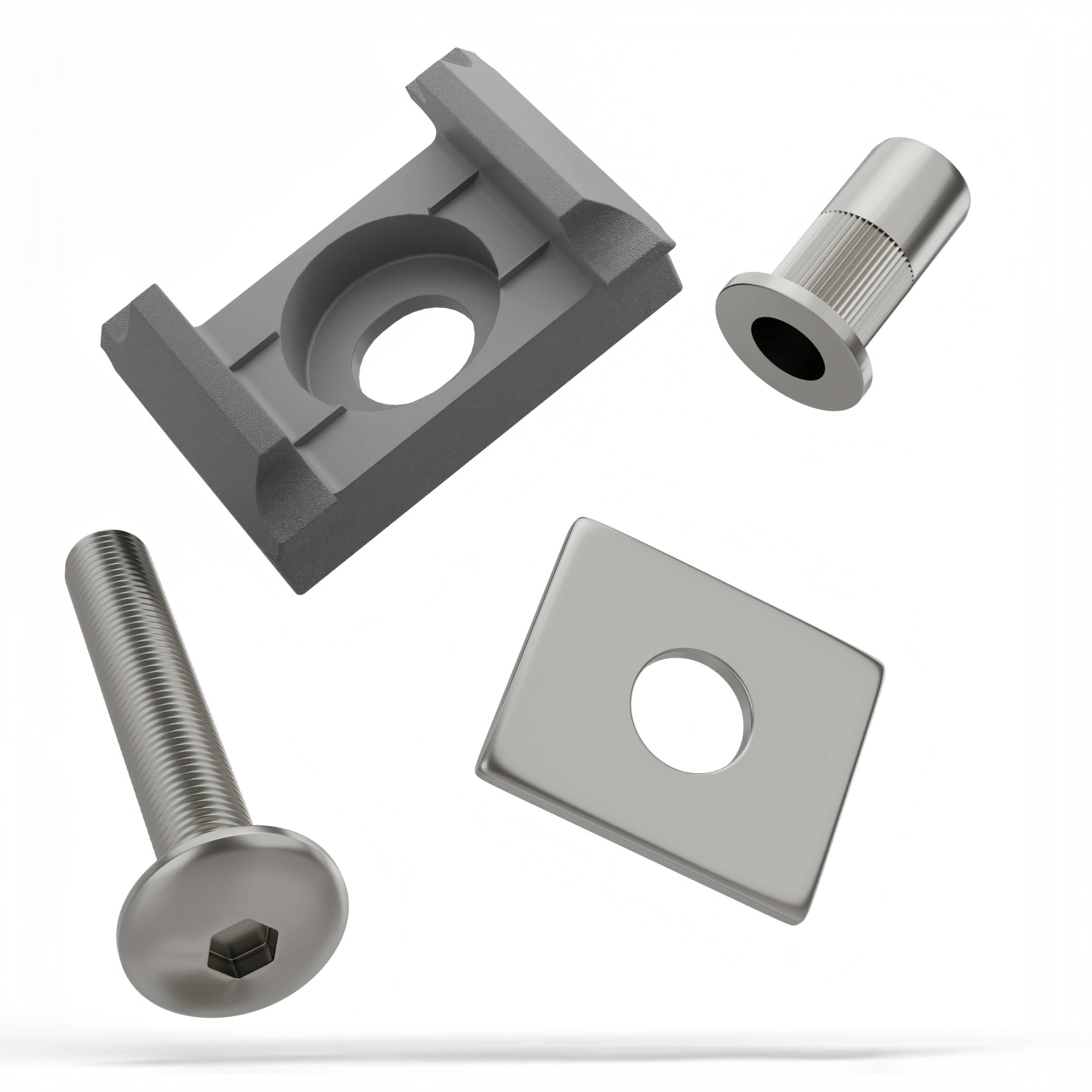 Vier Metallfastener und eine Montageplatte auf weißem Hintergrund, einschließlich einer Schraube, einer quadratischen Unterlegscheibe und zwei klammerähnlichen Teilen.