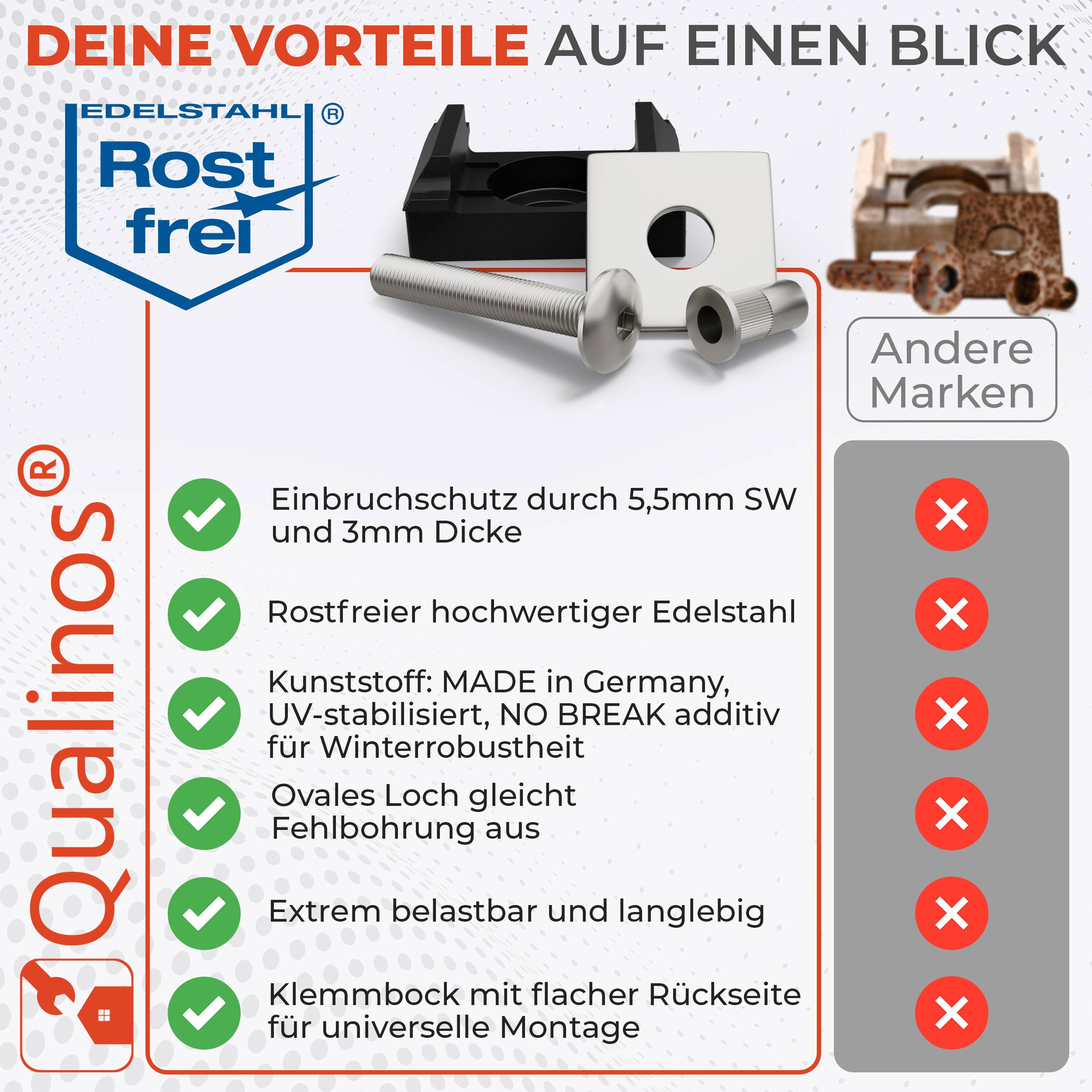 Qualinos 10 Sets Klemmbock + Klemmplatte, Universal, Schwarz – Doppelstabmattenzaun Befestigung, mit M8-Schraube und Nietmutter, V2A-Metallteile