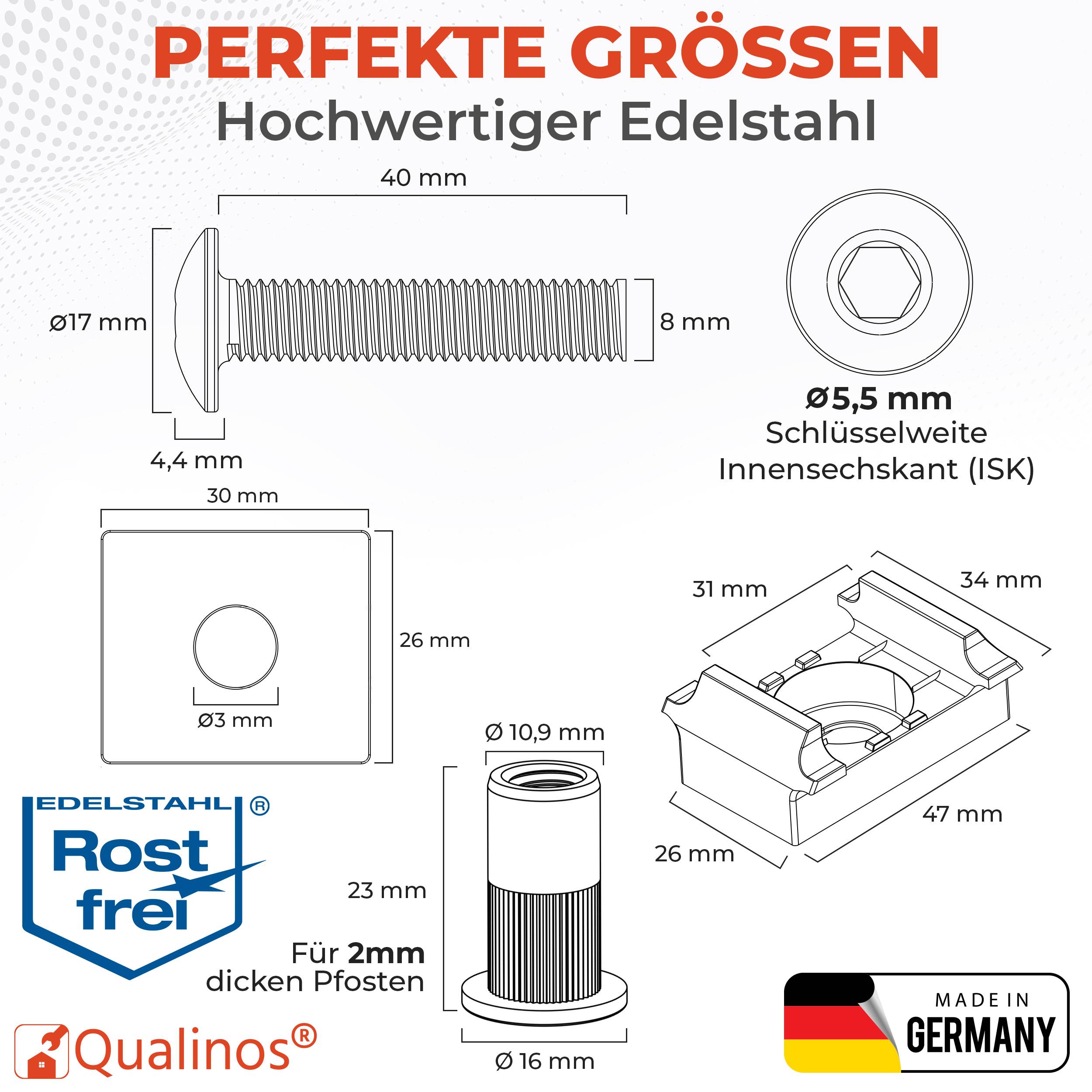 Qualinos 10 Sets Klemmbock + Klemmplatte, Universal, Silber – Doppelstabmattenzaun Befestigung, mit M8-Schraube und Nietmutter, V2A-Metallteile
