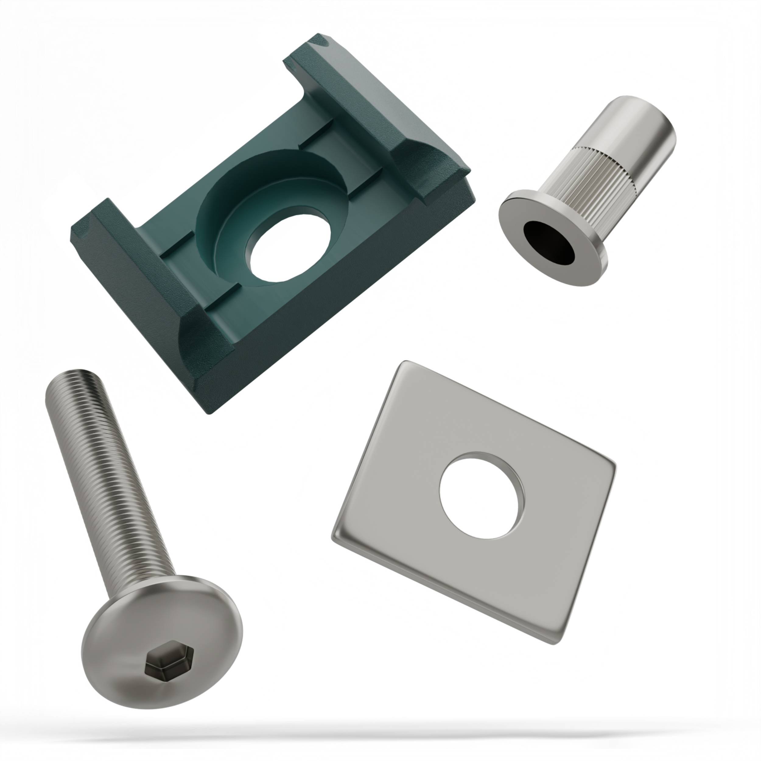 Vier Metallbefestigungen und Hardwareteile auf weißem Hintergrund, darunter ein grüner klemmenähnlicher Block, ein Bolzen, ein zylindrischer Abstandshalter und eine quadratische Unterlegscheibe.