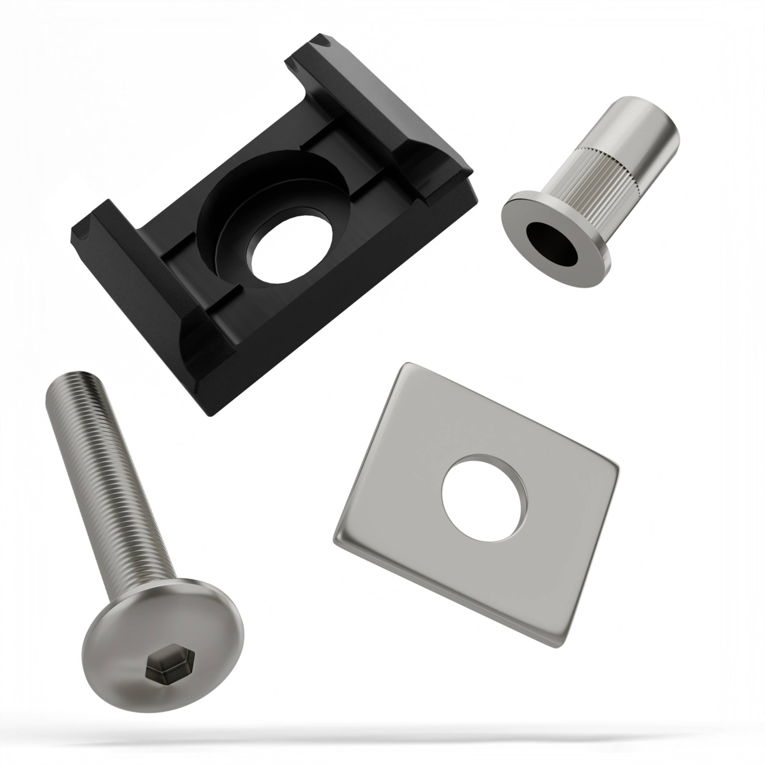 Vier Befestigungsteile auf weißem Hintergrund: ein schwarzer Montagebock, eine silberne Flanscheinsatz, eine lange Schraube und eine quadratische Metallscheibe.
