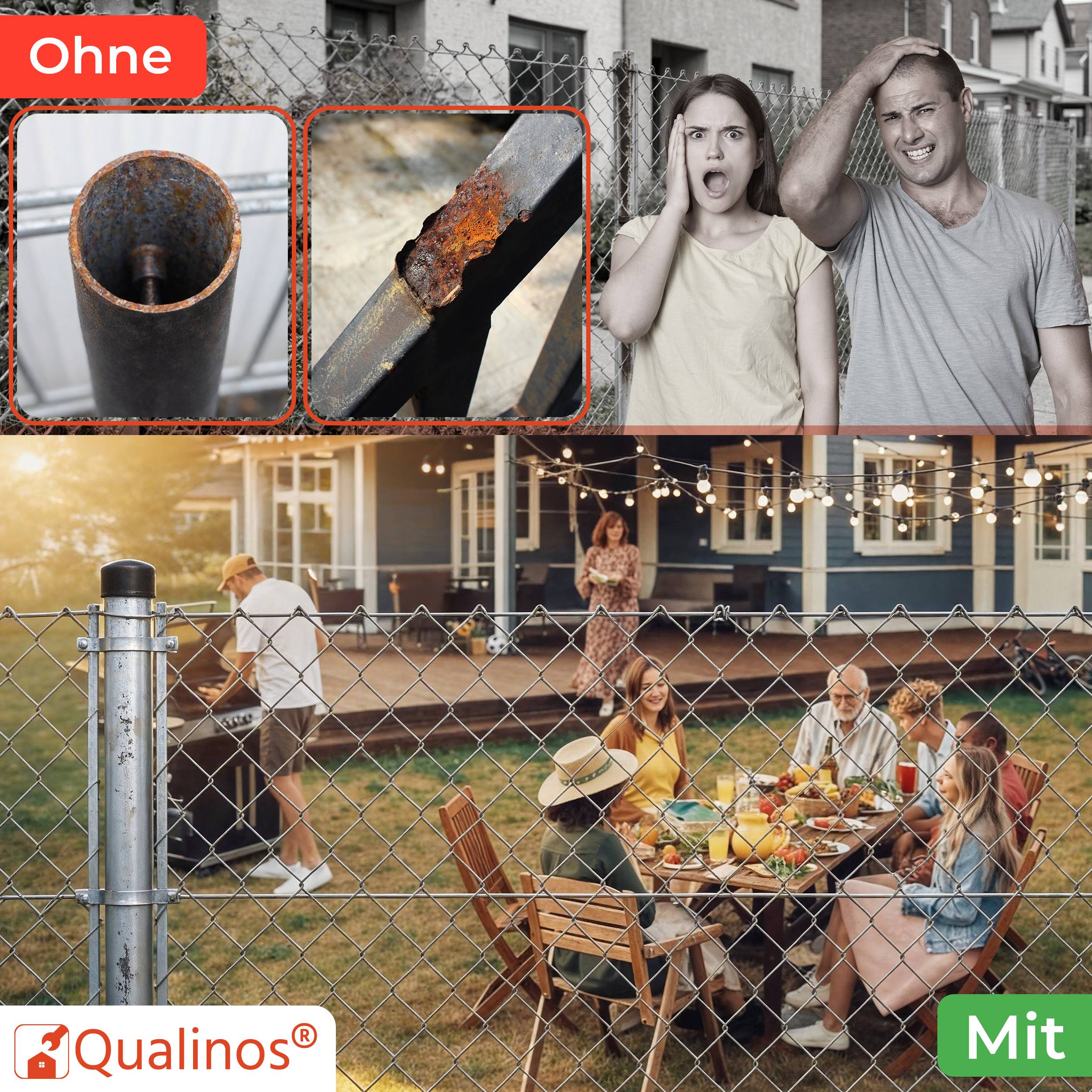 Geteilte Anzeige, die rostige, beschädigte Zaunteile und unzufriedene Nachbarn versus einen sauberen Zaun an einem fröhlichen Hinterhofareal mit glücklichen Nachbarn zeigt, gekennzeichnet als 'Ohne' und 'Mit' Qualinos.