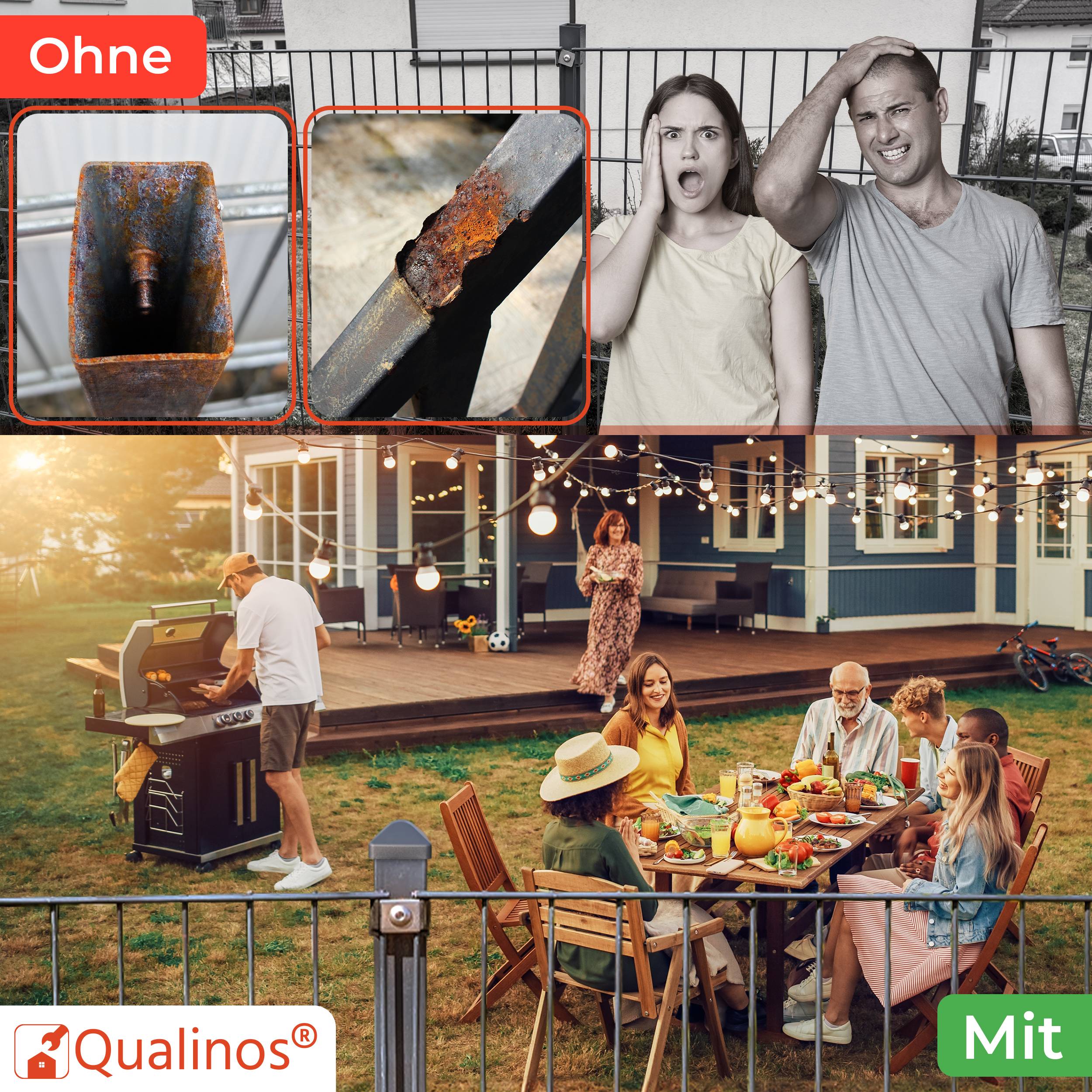 Composite-Bild, das verrostetes Metall und unglückliche Menschen ohne etwas mit einer lebhaften Außenveranstaltung, Grillen und einer fröhlichen Dinnerparty bei Sonnenuntergang mit etwas vergleicht.