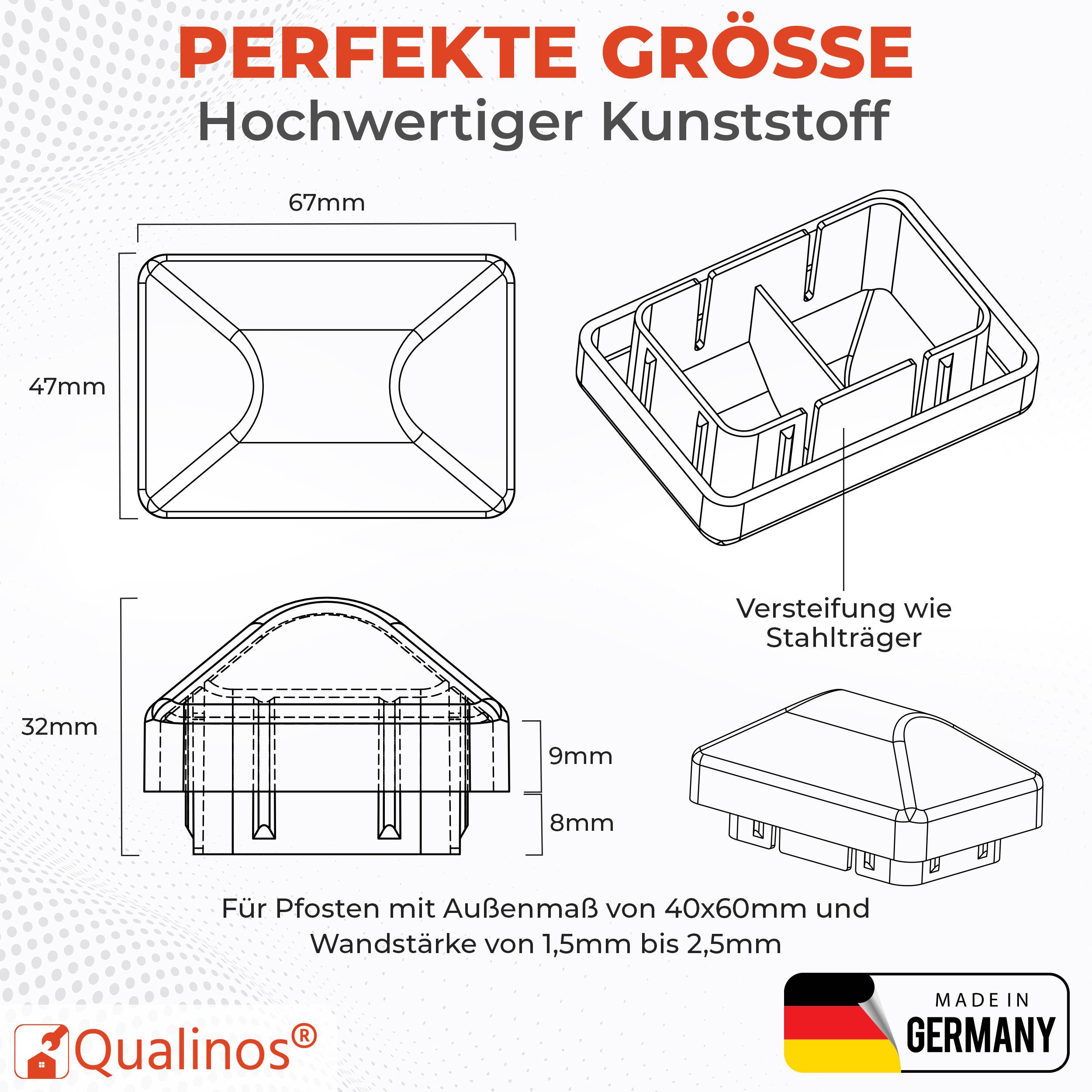 Produktdiagramm einer Kunststoffpfostenkappe mit den Abmessungen 67 mm x 47 mm und 32 mm Höhe, mit Verstärkung wie Stahlträger und Passform für 40x60 mm Pfosten, Wandstärke 1,5-2,5 mm.