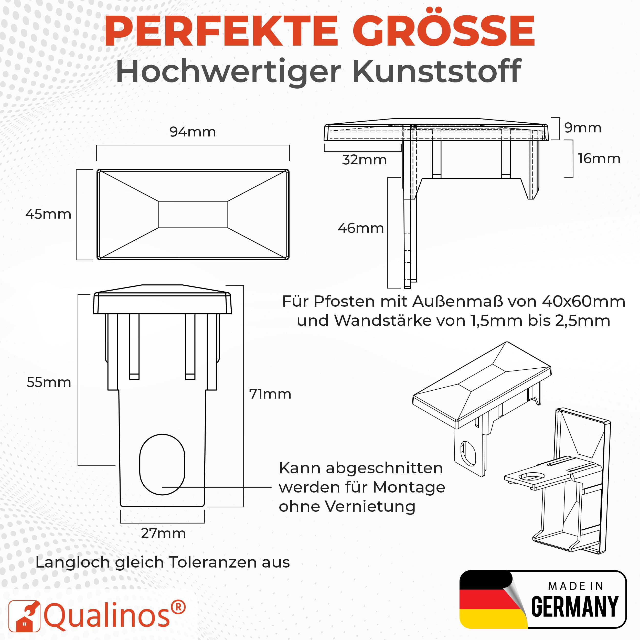 Qualinos 10 Stück Pfostenkappen 60×40 mm mit Steg, Anthrazit – Doppelstabmattenzaun Zubehör, Sicherungssteg zur Fixierung, UV-stabile Abdeckkappe