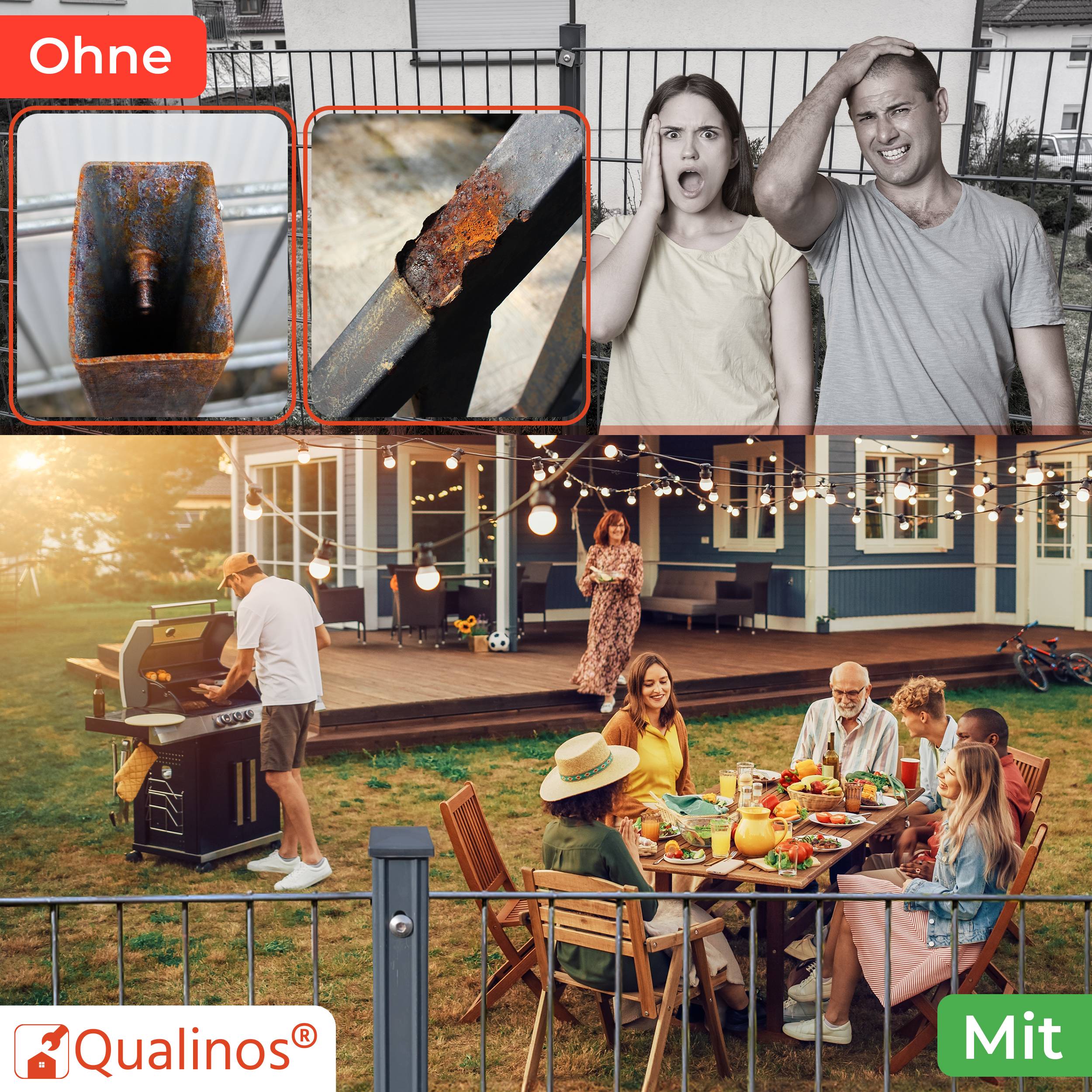 Vergleichsgrafik: Verrosteter, unsicherer Grill und besorgtes Paar mit dem Label „Ohne
