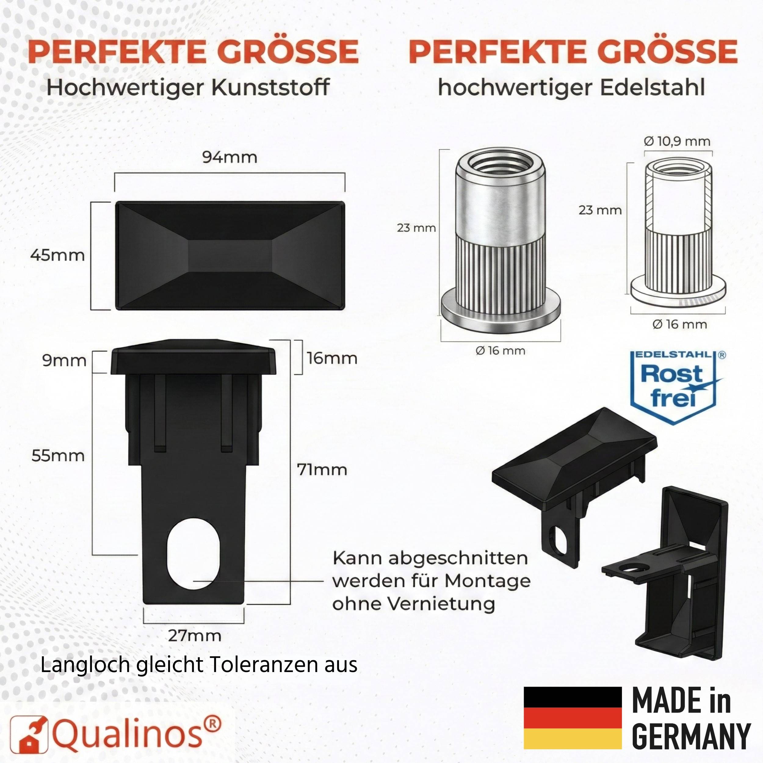 Qualinos 20 Sets Pfostenkappe + Nietmutter 60×40 mm, Grün – Doppelstabmattenzaun Zubehör, mit Sicherungssteg und M8-Gewinde, V2A-Nietmutter