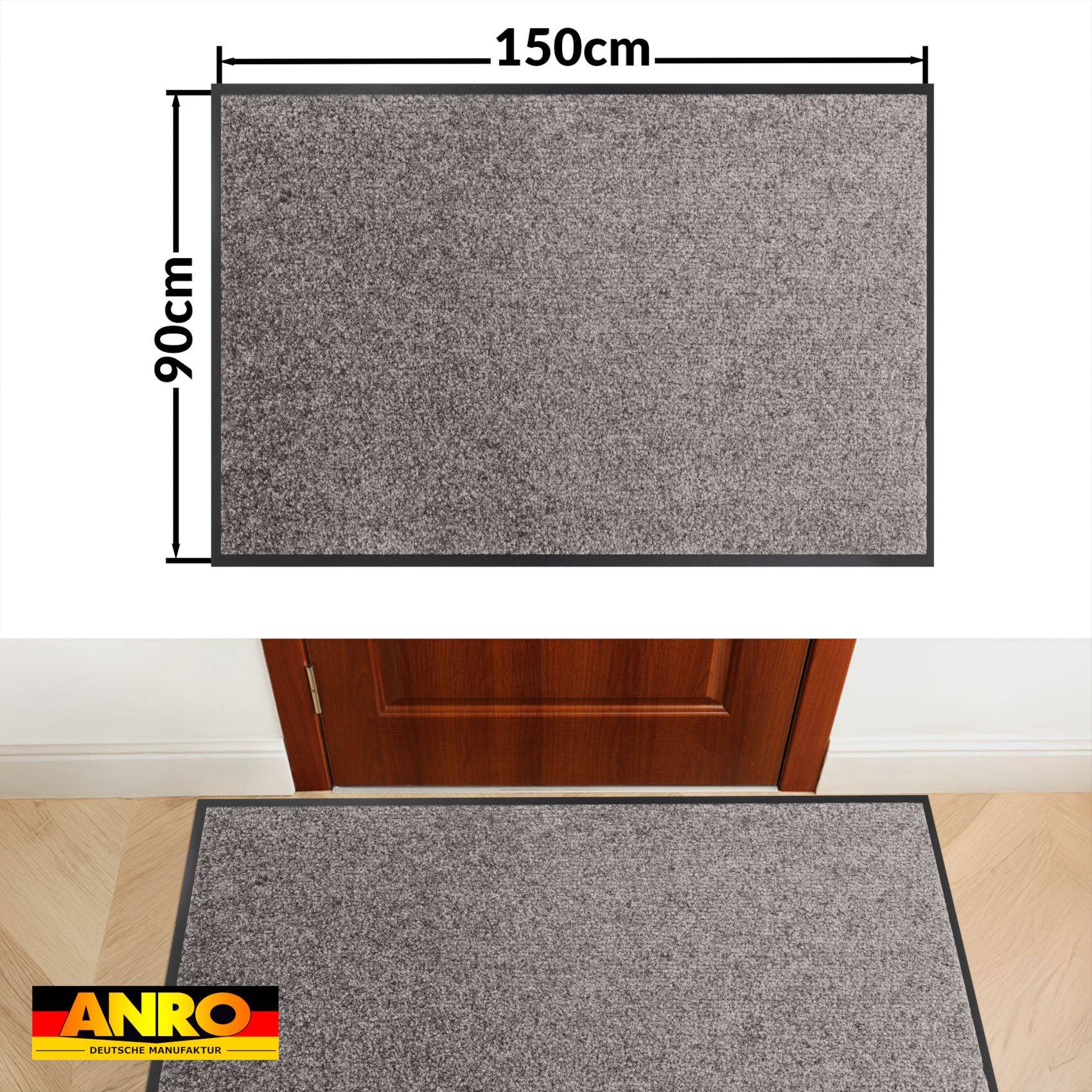 Graue rechteckige Fußmatte, 150 cm x 90 cm, dargestellt in einem Produktdiagramm und vor einer Tür platziert als Größenreferenz.