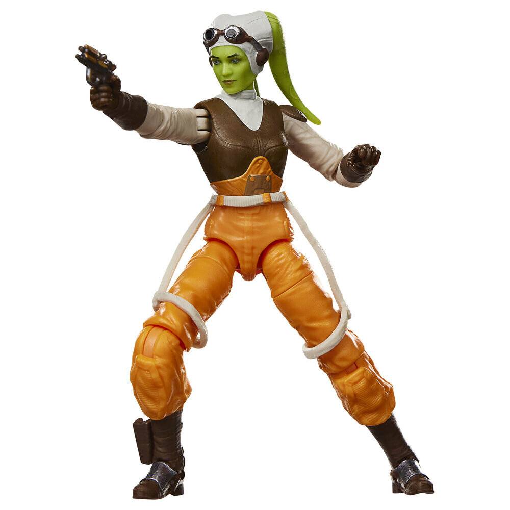 Actionfigur einer grüngesichtigen weiblichen Science-Fiction-Pilotin in orange- und brauner Ausrüstung, die eine Schutzbrille trägt und mit einer Blasterpistole zielt.