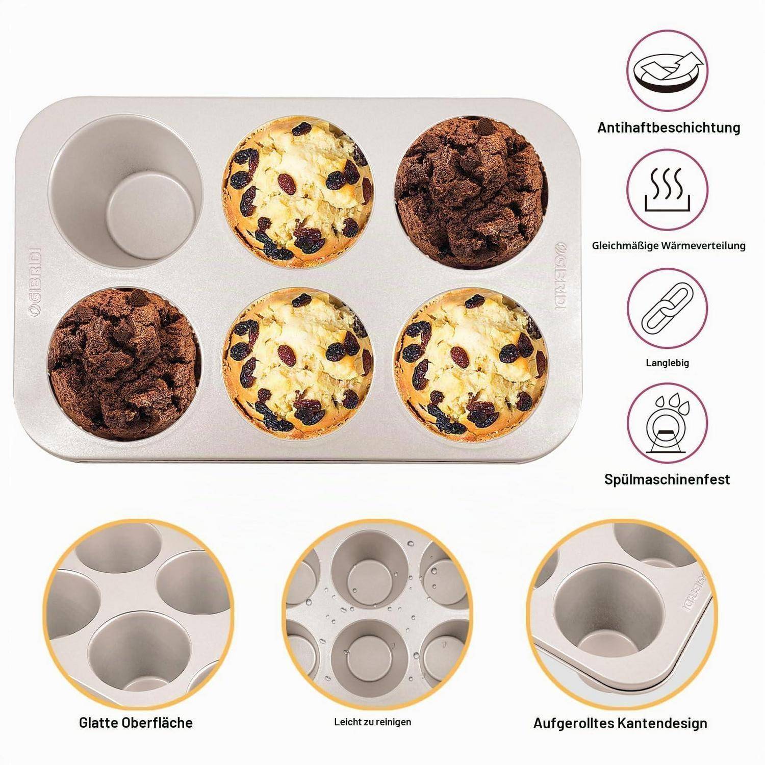 Antihaft-Muffinform mit sechs Mulden, mit gebackenen Muffins und Funktionshinweisen auf Deutsch: glatte Oberfläche, leicht zu reinigen, umgerollter Rand, spülmaschinenfest, gleichmäßige Wärmeverteilung, langlebig.