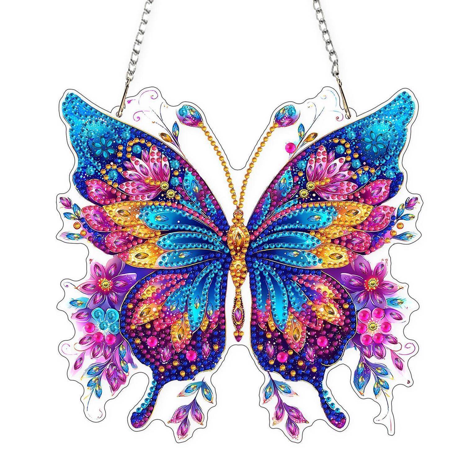Bunte Schmetterlingsanhänger-Halskette mit Edelsteinen in Schmetterlings-Form mit blauen, violetten, rosa und goldfarbenen floralen Flügeldetails auf weißem Hintergrund.