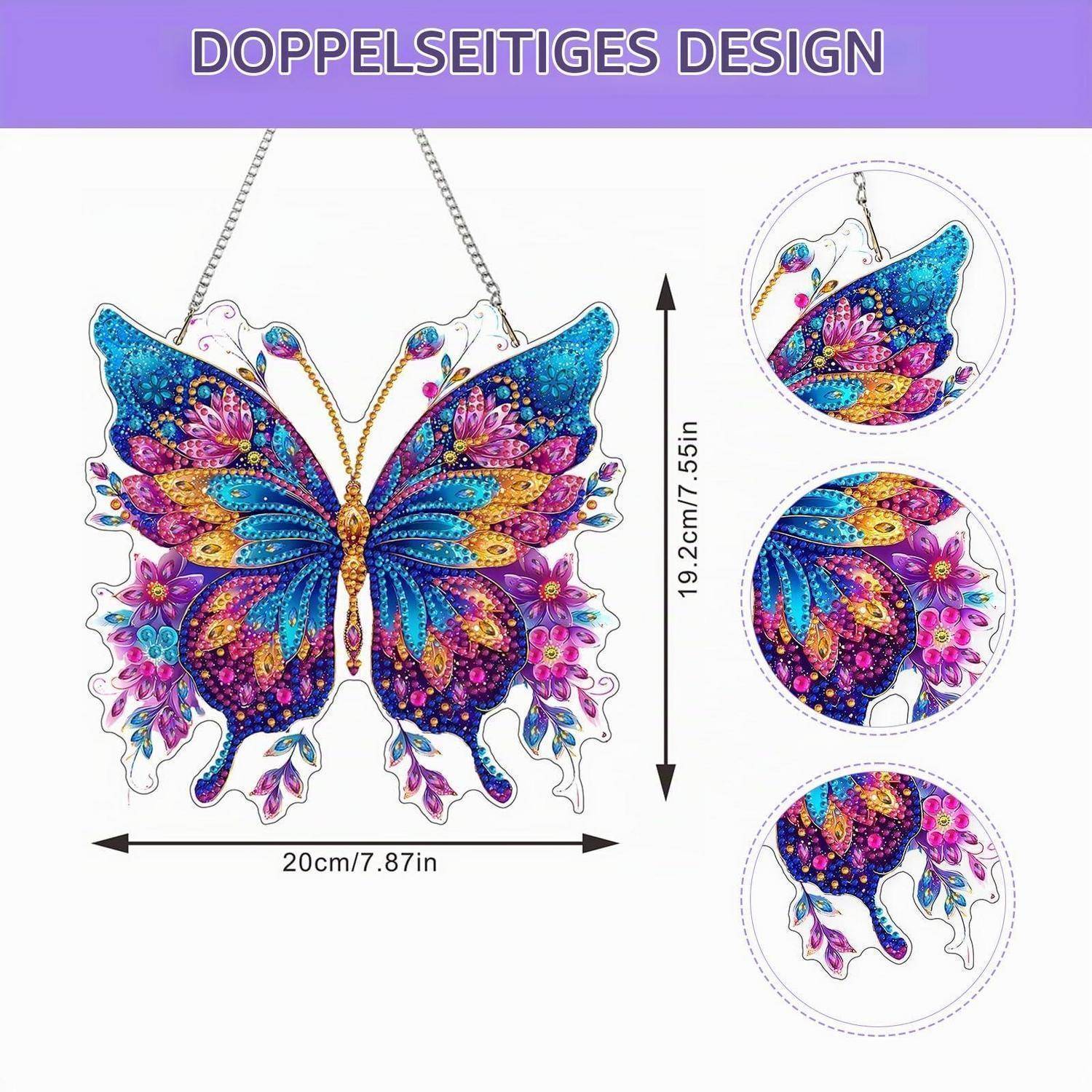 Bunte schmetterlingsförmige Hängedekoration mit der Bezeichnung „DOPPELSEITIGES DESIGN", zeigt Vorder- und Rückansicht; Größe 20 cm breit und 19,2 cm hoch.