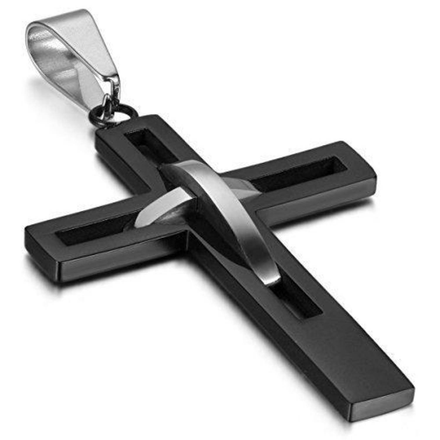 Herren Kreuzkette Edelstahl Schwarz 55cm