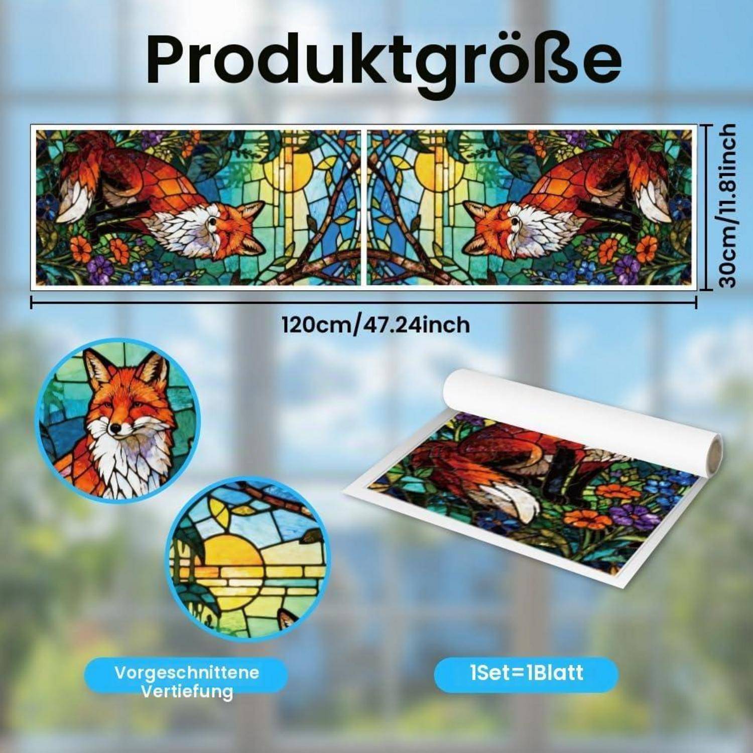 Produktgrößentabelle für ein Fuchs-Glasmalerei-Wandtattoo: 120 cm x 30 cm, ein Blatt, vorgeschnittene Abschnitte mit Nahaufnahmedetails dargestellt.