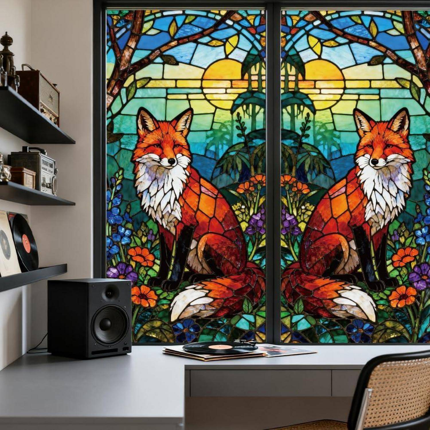 Paar von bemalten Glasfuchsfenstern in einem Fenster, mit farbenfrohen Blumen- und Sonnenunterganglandschaftsentwürfen in einem Zimmer