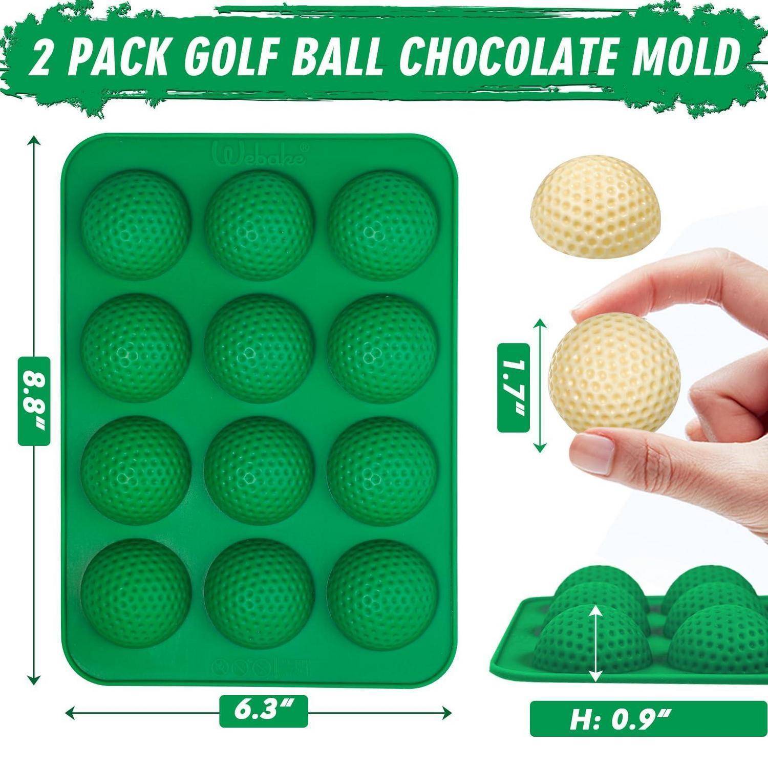 Produktbild einer 2er-Pack-Golfball-Schokoladenform mit einem 12-Kammer-Tablett mit den Abmessungen 8,8 x 6,3 Zoll und einer Golfballgröße von 1,7 Zoll; Formhöhe 0,9 Zoll.