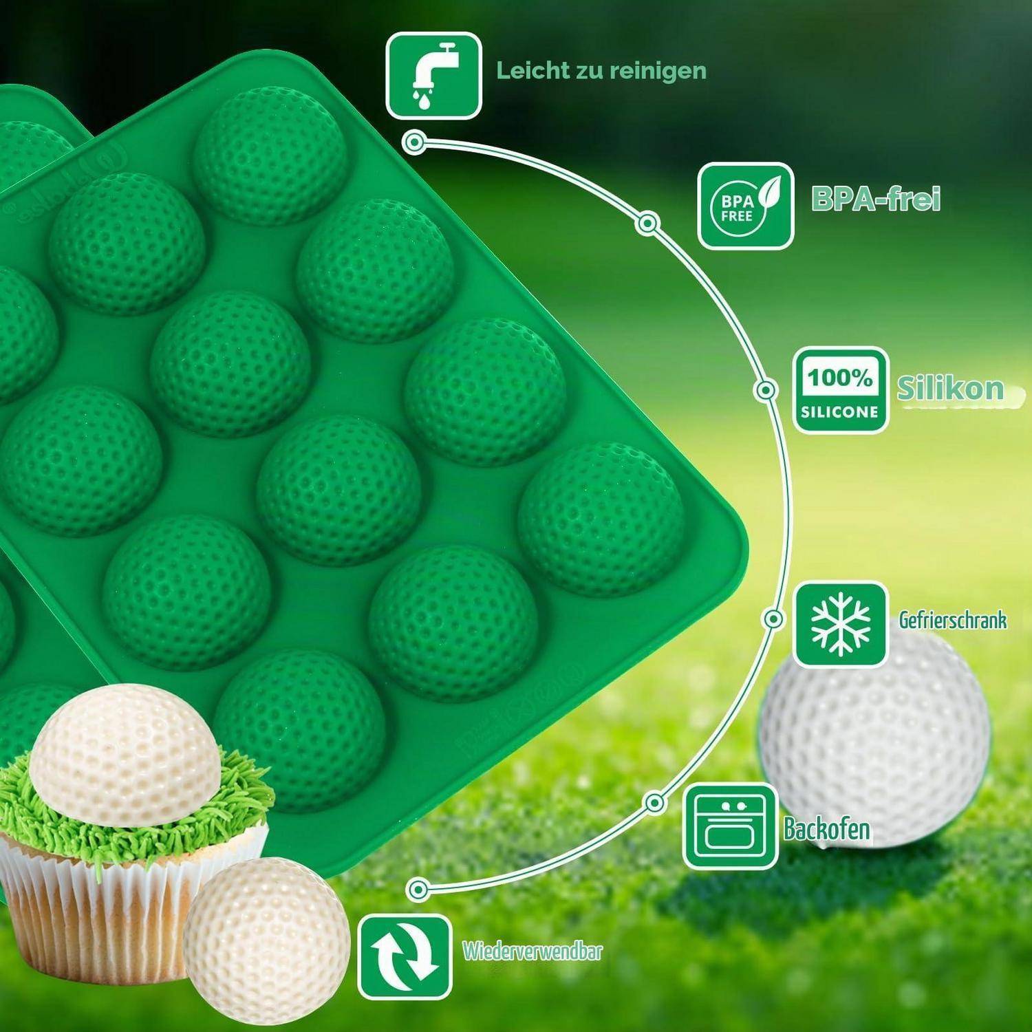 Grüne Silikonform für Golfbälle mit Beispiel-Golfball-Leckereien, mit Hervorhebung der einfachen Reinigung, BPA-frei, 100% Silikon, gefrier- und backofenfest, wiederverwendbar.