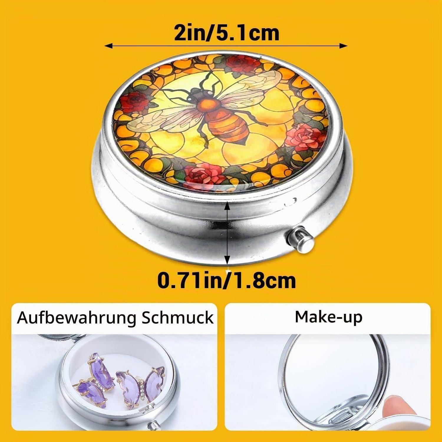 Runde Pillendose oder Puderdose aus Silbermetall mit Bienenblüten-Deckelkunst, gezeigt mit Abmessungen von 2 Zoll/5,1 cm Breite und 0,71 Zoll/1,8 cm Höhe; verwendet zur Aufbewahrung von Schmuck oder Make-up.