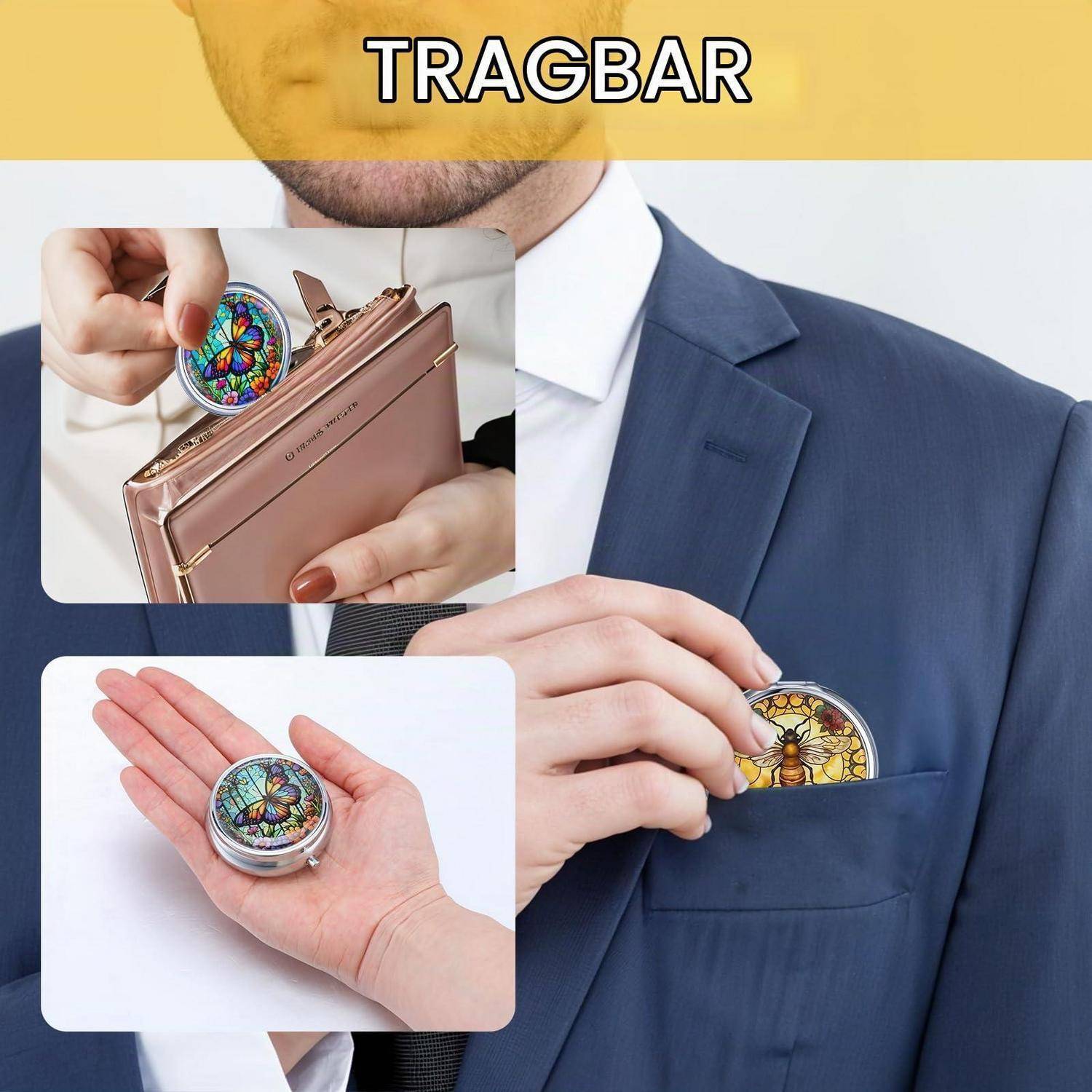 Anzugstasche mit Clip, der ein rundes münzenähnliches Zubehörteil „TRAGBAR" hält; Einschubbilder zeigen die Verwendung mit einer Geldbörse und das Halten in einer Hand.