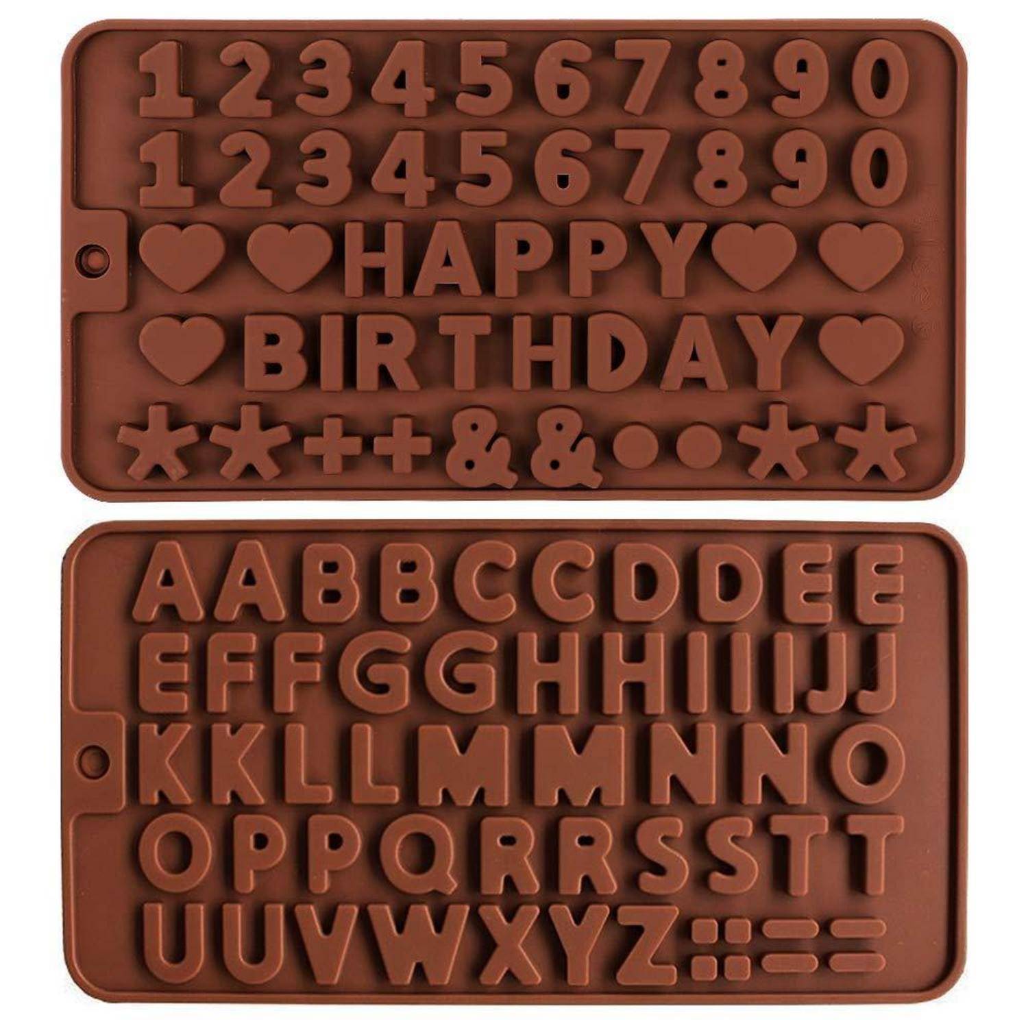 Zwei braune Silikonformschalen zum Herstellen von erhabenen Buchstaben und Symbolen: eine mit Zahlen, „HAPPY BIRTHDAY