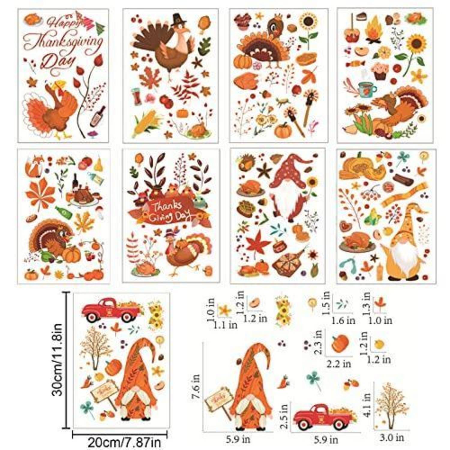 Collage von Thanksgiving-Aufklebern: Truthähne, Kürbisse, Herbstblätter, Mais, Kuchen und „Happy Thanksgiving Day"-Text, plus Größenbeispiele von Gnom-, Lastwagen- und Baum-Aufklebern.
