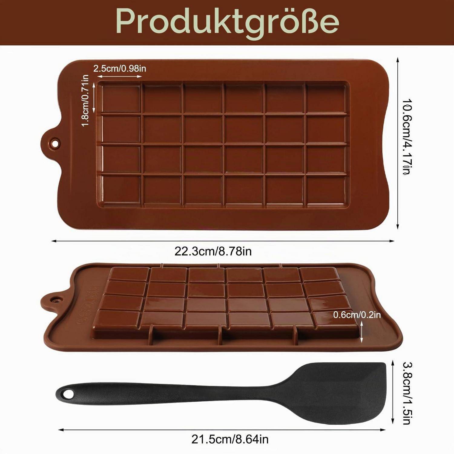 Abmessungen einer braunen Schokoladenriegelform und eines Spatels, wobei die Formgröße 22,3 x 10,6 cm, die Vertiefungstiefe 1,8 cm und die Spatellänge 21,5 cm betragen.