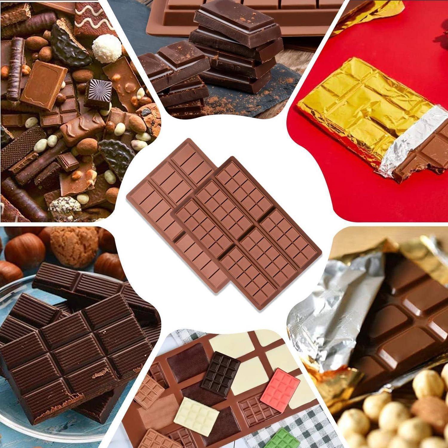 Collage von Schokoladentafeln und verschiedenen Pralinen, einschließlich verpackter und unverpackter Stücke, in verschiedenen Geschmacksrichtungen und Verpackungen.