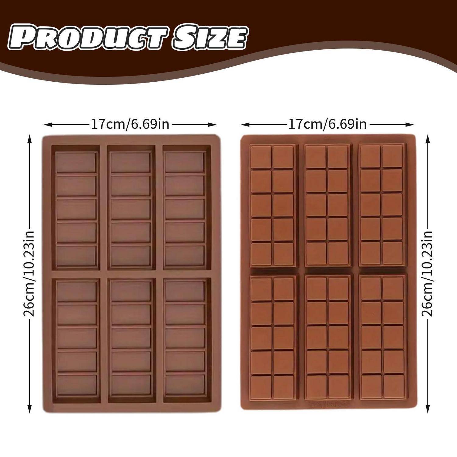 Produktgrößen-Grafik zeigt zwei Schokoladenformen, jede 17 cm breit und 26 cm hoch, mit Bemaßungspfeilen in cm und Zoll.