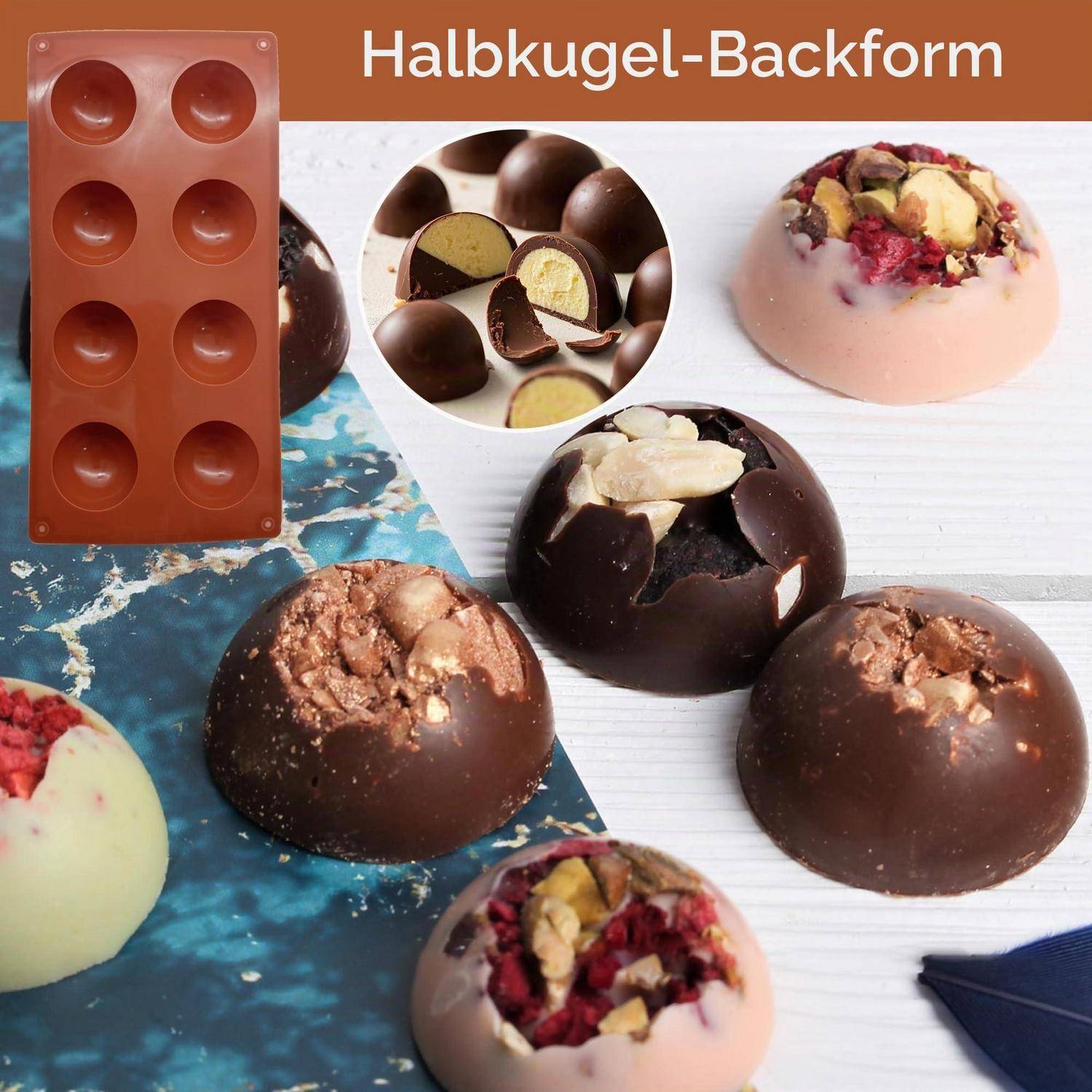 Schokoladenkuppel-Formen mit fertig gefüllten Schokoladenbonbons in assortiertem Belag; der Titeltext lautet „Halbkugel-Backform