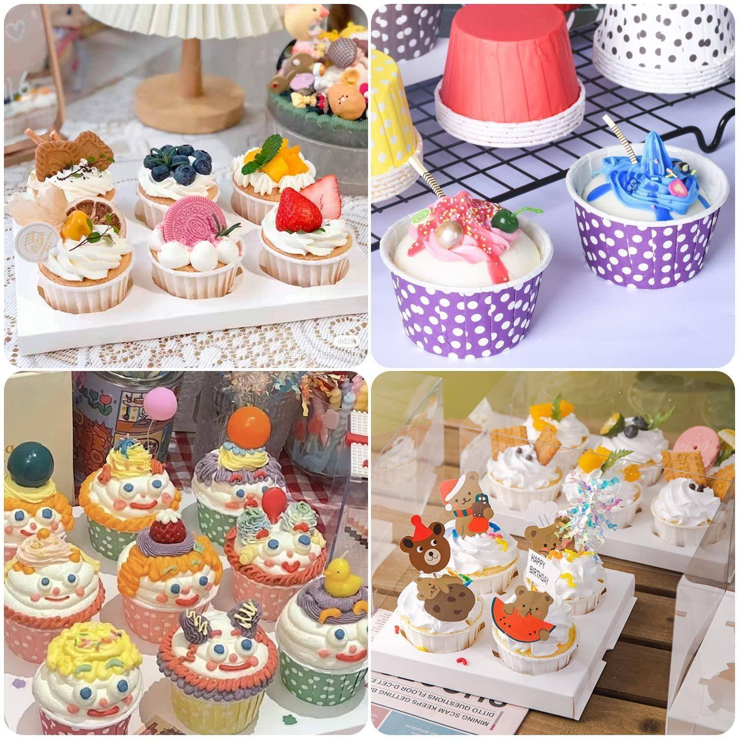 Eine Collage aus dekorierten Cupcakes und Dessertbechern mit buntem Zuckerguss, Früchten, Streuseln und verspielten Charakterfiguren als Topper, die auf Tabletts und Boxen präsentiert werden.