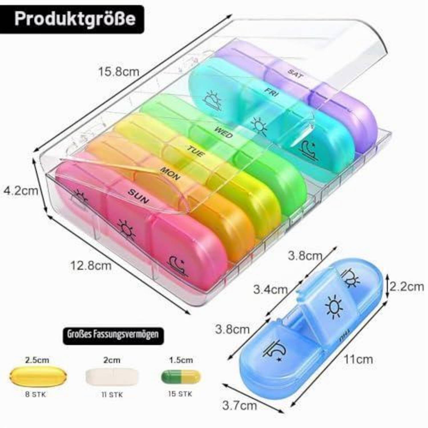 Diagramm eines 7-Tage-Pillendosenorganizers mit sieben farbig gekennzeichneten Fächern (SO-SA) und einer kleineren blauen Reisepillendose, das Abmessungen und Kapazitäten zeigt.