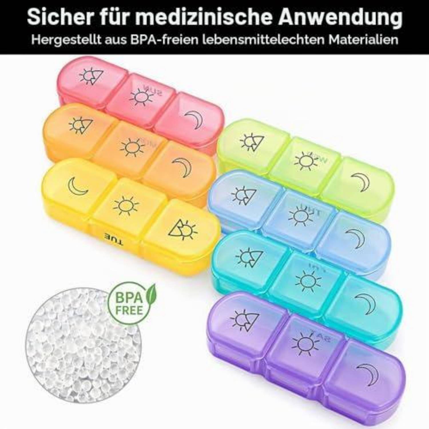 Bunte wöchentliche Pillendosenboxen mit Beschriftungen für Morgen, Mittag und Nacht mit entsprechenden Symbolen, beworben als BPA-frei und sicher für medizinische Anwendung.