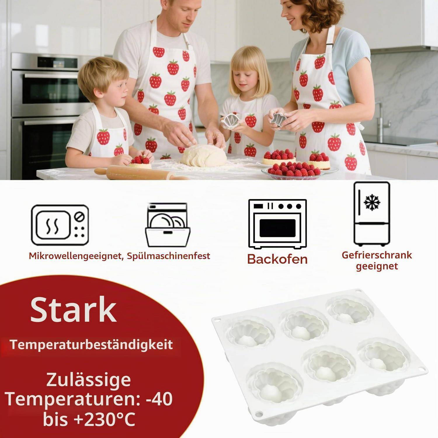 Familie backt in einer Küche; Infografik hebt eine Backform hervor, die mikrowellen-, spülmaschinen-, ofen- und gefrierschrankbeständig ist, mit einem Temperaturbereich von -40 bis +230°C.
