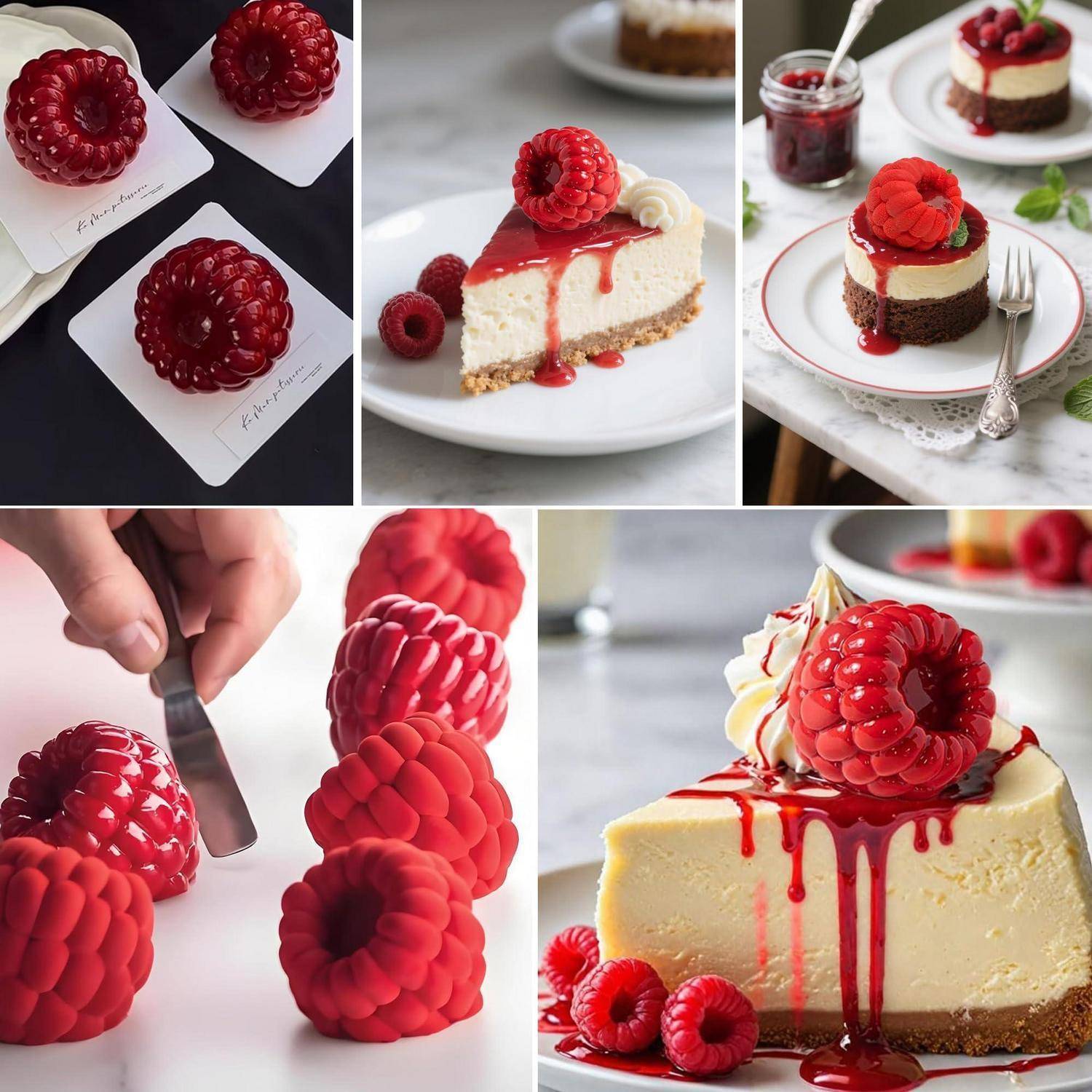 Collage von himbeerbelegten Käsekuchen-Desserts, einschließlich geschnittener Kuchen, portionierter Mini-Kuchen und Nahaufnahmen von Himbeeren, die auf den Desserts angeordnet werden.