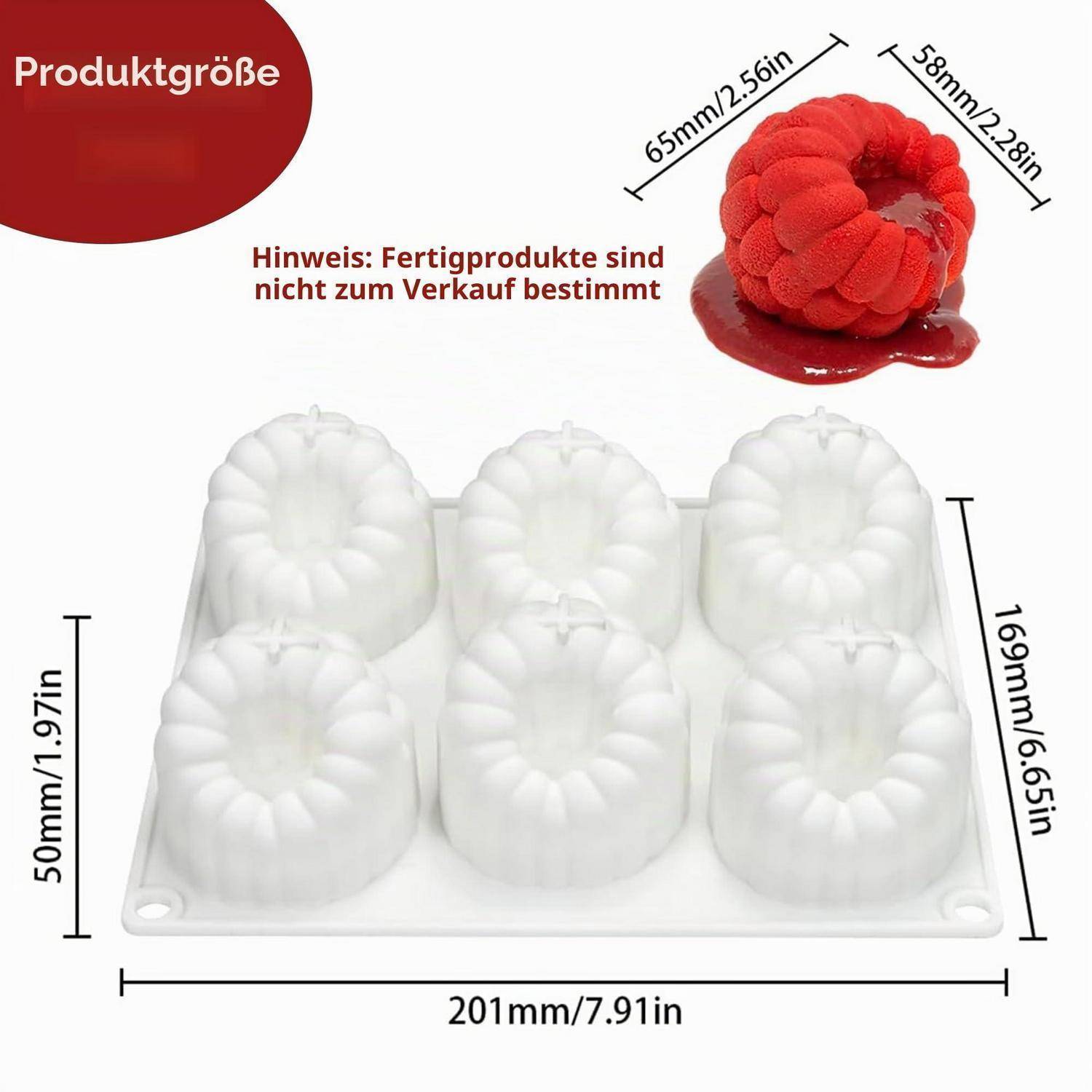 Produktgrößendiagramm für eine 6-Kammer-Silikonform: fertiggerührtes Himbeerdessert etwa 65 x 58 mm; Form etwa 201 x 169 x 50 mm.