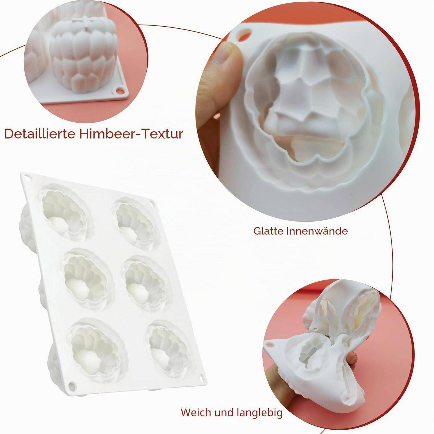 Silikonform mit sechs Vertiefungen in Nahaufnahmen und Detailansichten, die die detaillierte Himbeertextur, glatte Innenwände und das flexible, langlebige Material hervorheben.