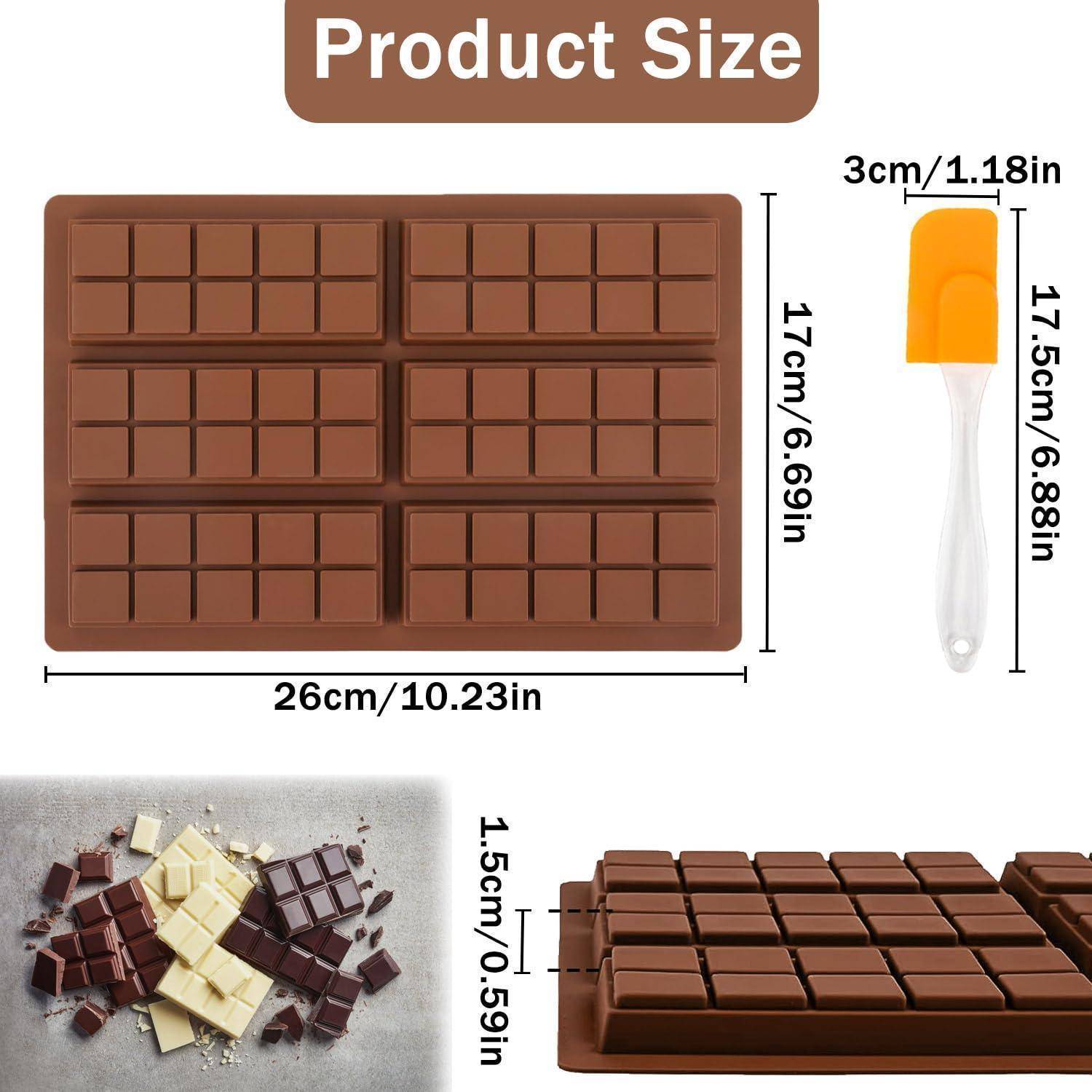 Produktgrößendiagramm zeigt eine Schokoladenform, 26 cm x 17 cm, mit einem 17,5 cm Silikon-Spachtel und 1,5 cm tiefe Formvertiefungen.