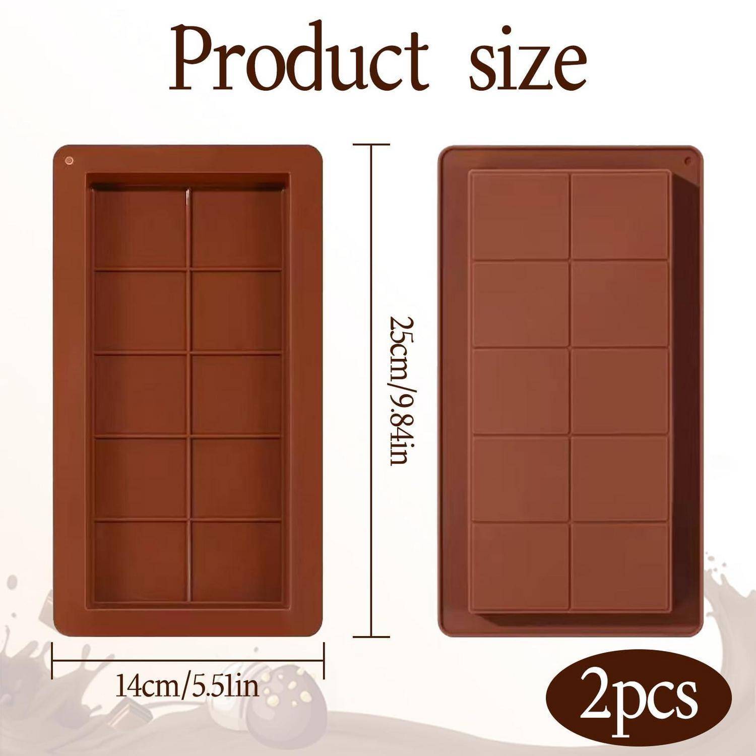 Produktgrößendiagramm, das eine zweiteilige rechteckige Schokoladenform zeigt, jedes Stück 25 cm x 14 cm (9,84 x 5,51 Zoll), mit unterteilten Hohlraumgittern.