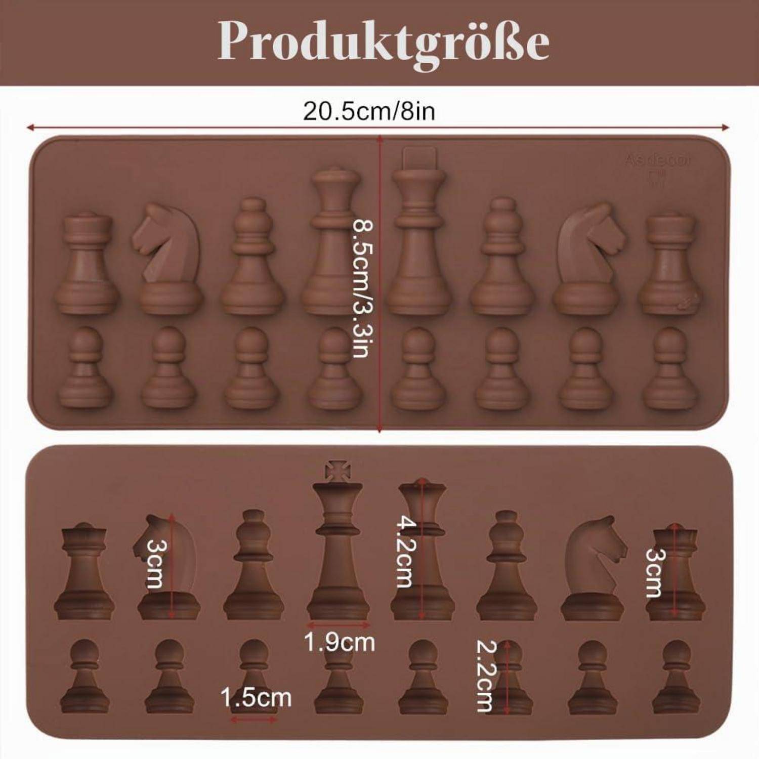 Produktgrößendiagramm mit zwei braunen Silikon-Schachfigur-Formen: obere Form 20,5 cm x 8,5 cm, untere Form mit einzelnen Maßangaben der Spielfiguren von 1,5 bis 4,2 cm.