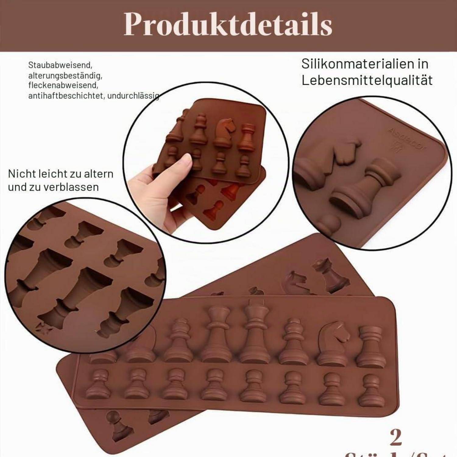 Produktdetails für braune Silikonformen für Schachfiguren mit Nahaufnahmen und einer Hand, die eine hält; der Text hebt lebensmittelgerechtes Silikon, Haltbarkeit, Antihafteigenschaften und Fadennichtbeständigkeit hervor.