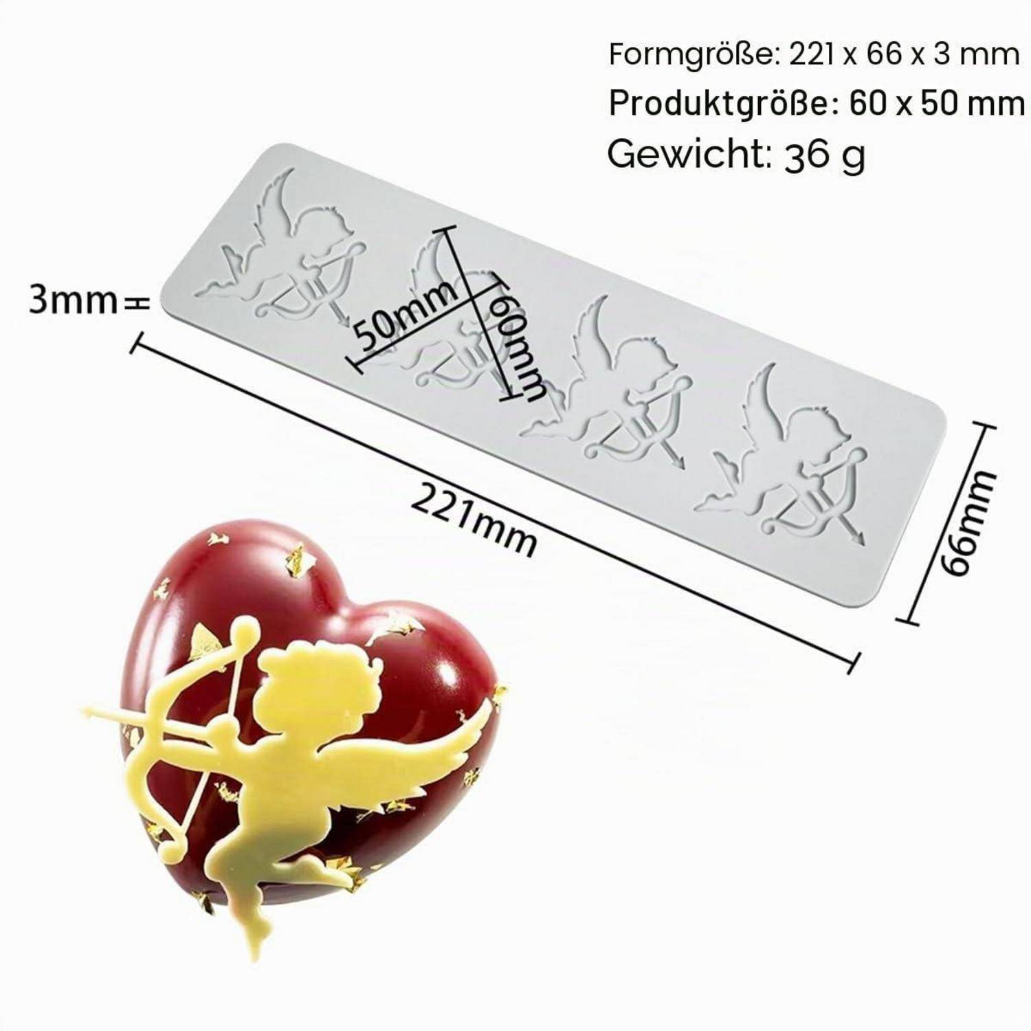 Produktgrößendiagramm einer Amor-Motiv-Form: 221 x 66 x 3 mm Gesamtgröße, 60 x 50 mm Produktgröße, Gewicht 36 g, mit einem herzförmigen Bonbon-Beispiel.